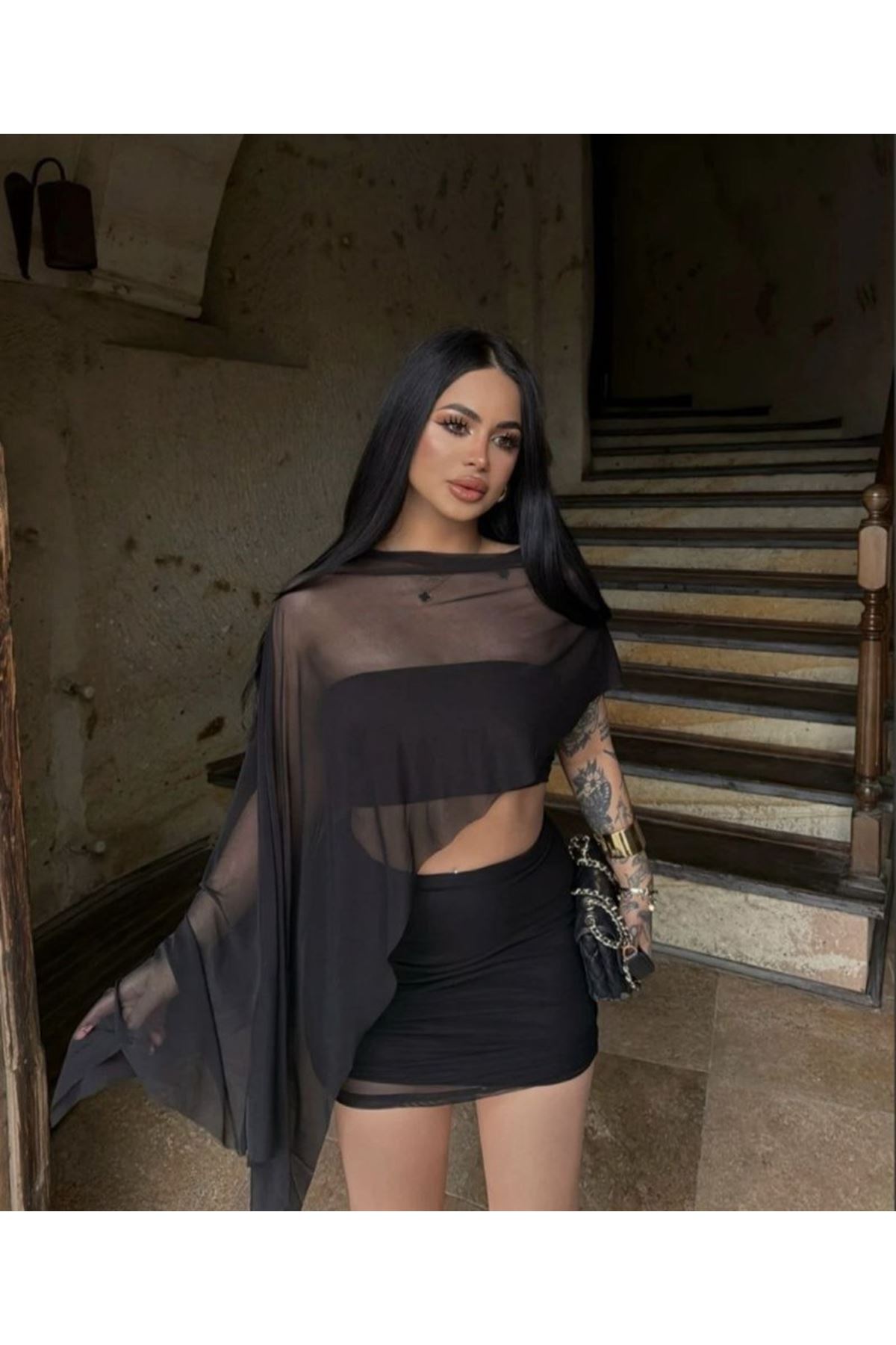 Kadın Türk Transparan Detay Büstiyer Ve Etek Takım