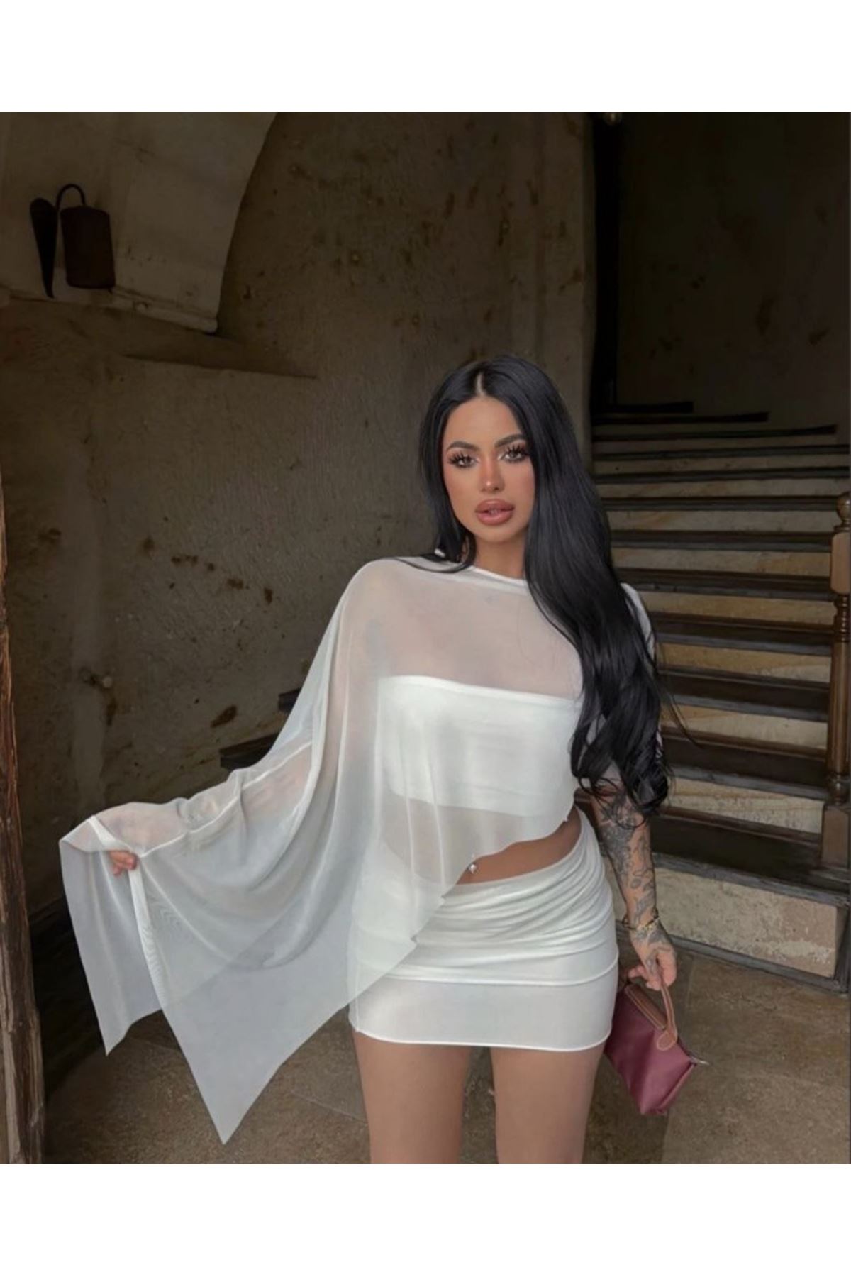 Kadın Türk Transparan Detay Büstiyer Ve Etek Takım