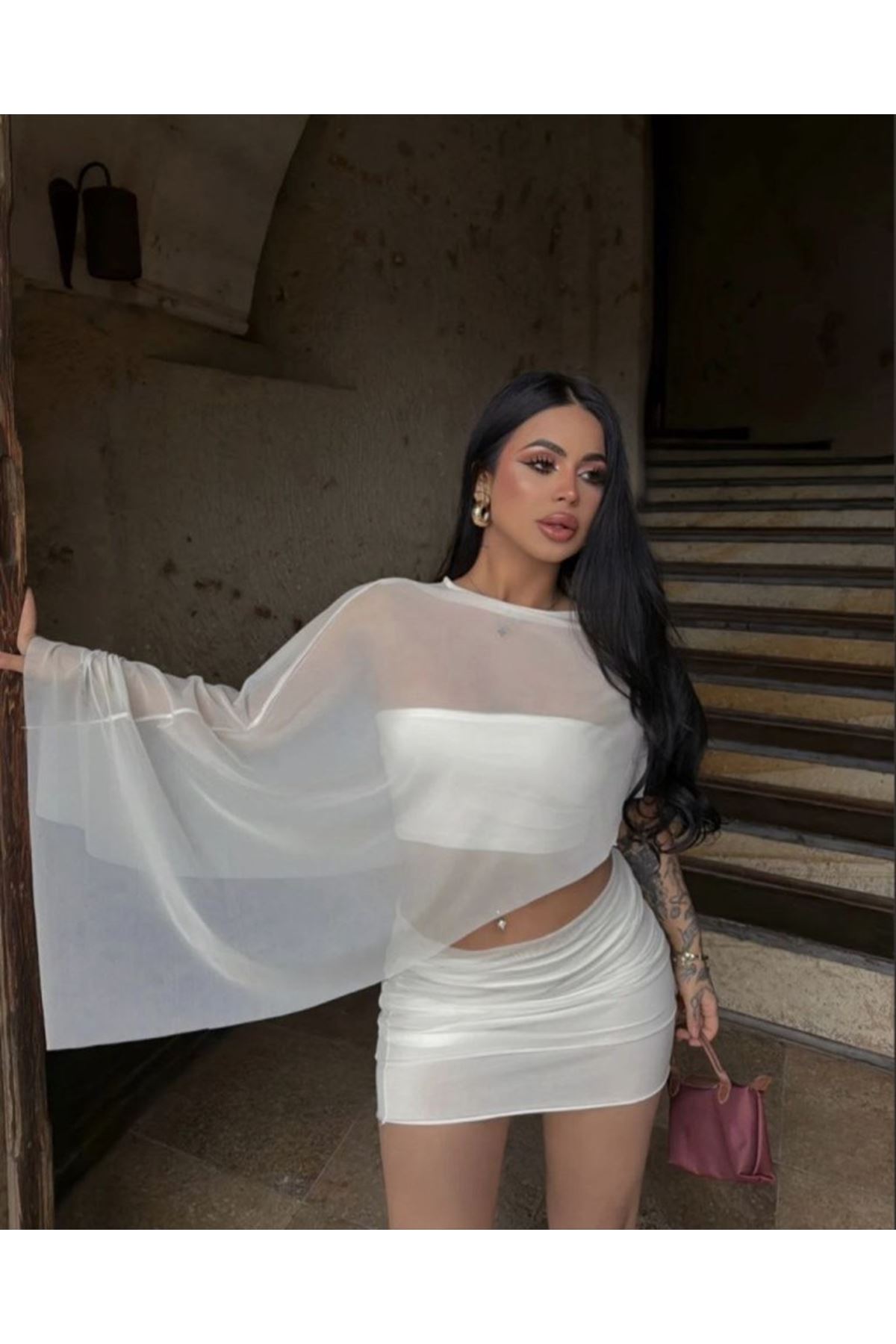 Kadın Türk Transparan Detay Büstiyer Ve Etek Takım