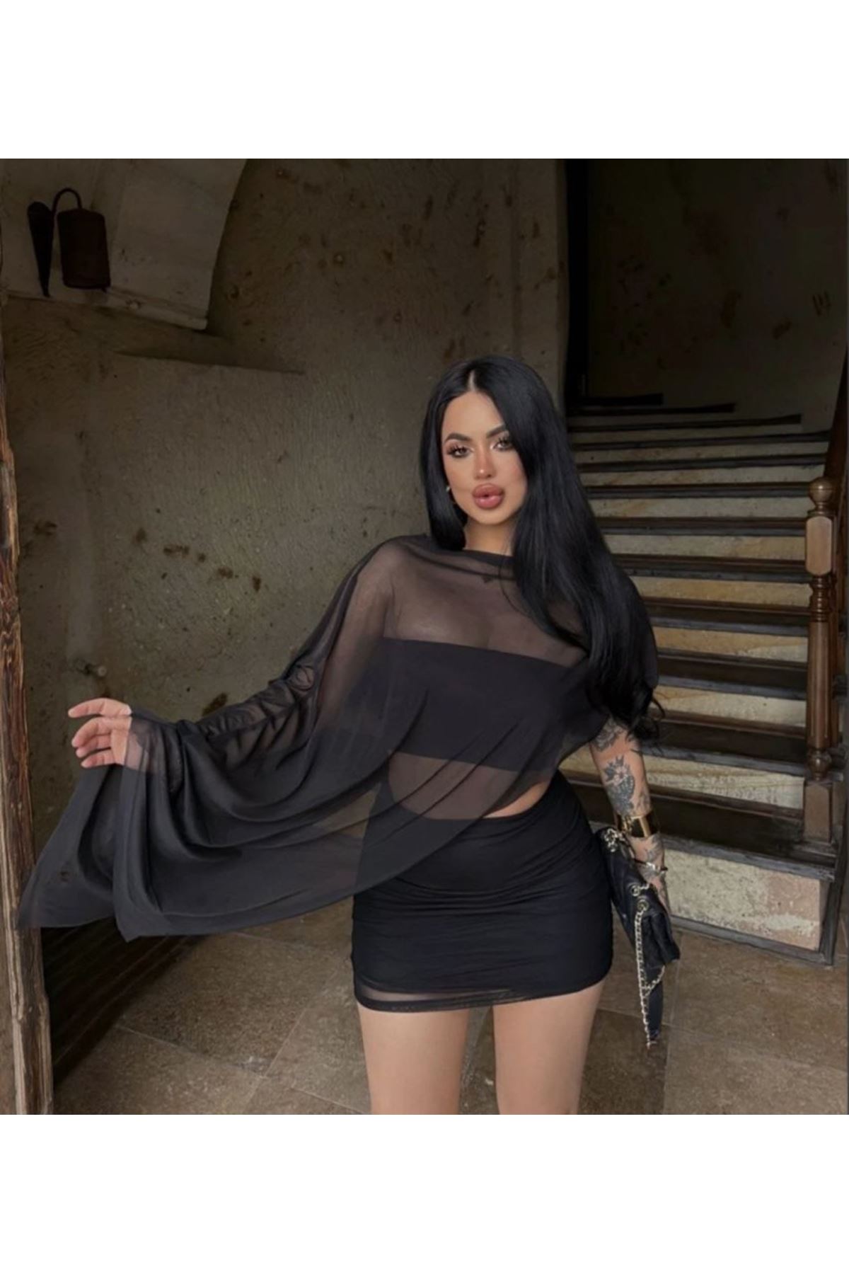 Kadın Türk Transparan Detay Büstiyer Ve Etek Takım