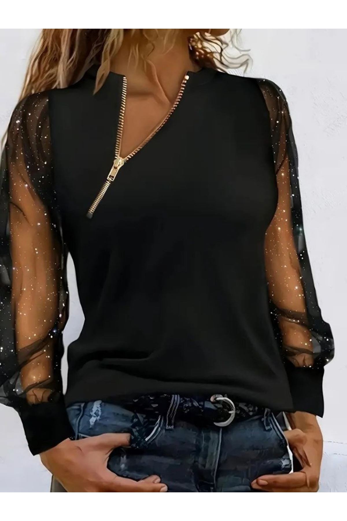 Kadın Uzun Kollu Asimetrik Fermuar Detaylı Viskon Iki Iplik Bluz