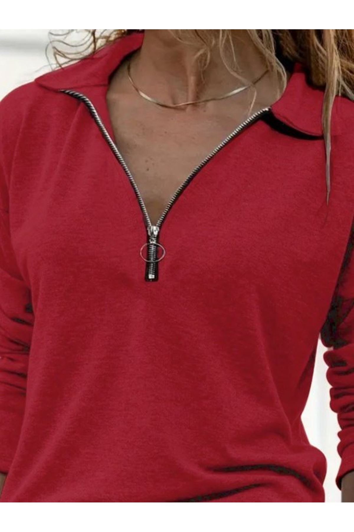 Kadın Uzun Kollu Yakalı Fermuarlı Iki Iplik Bluz