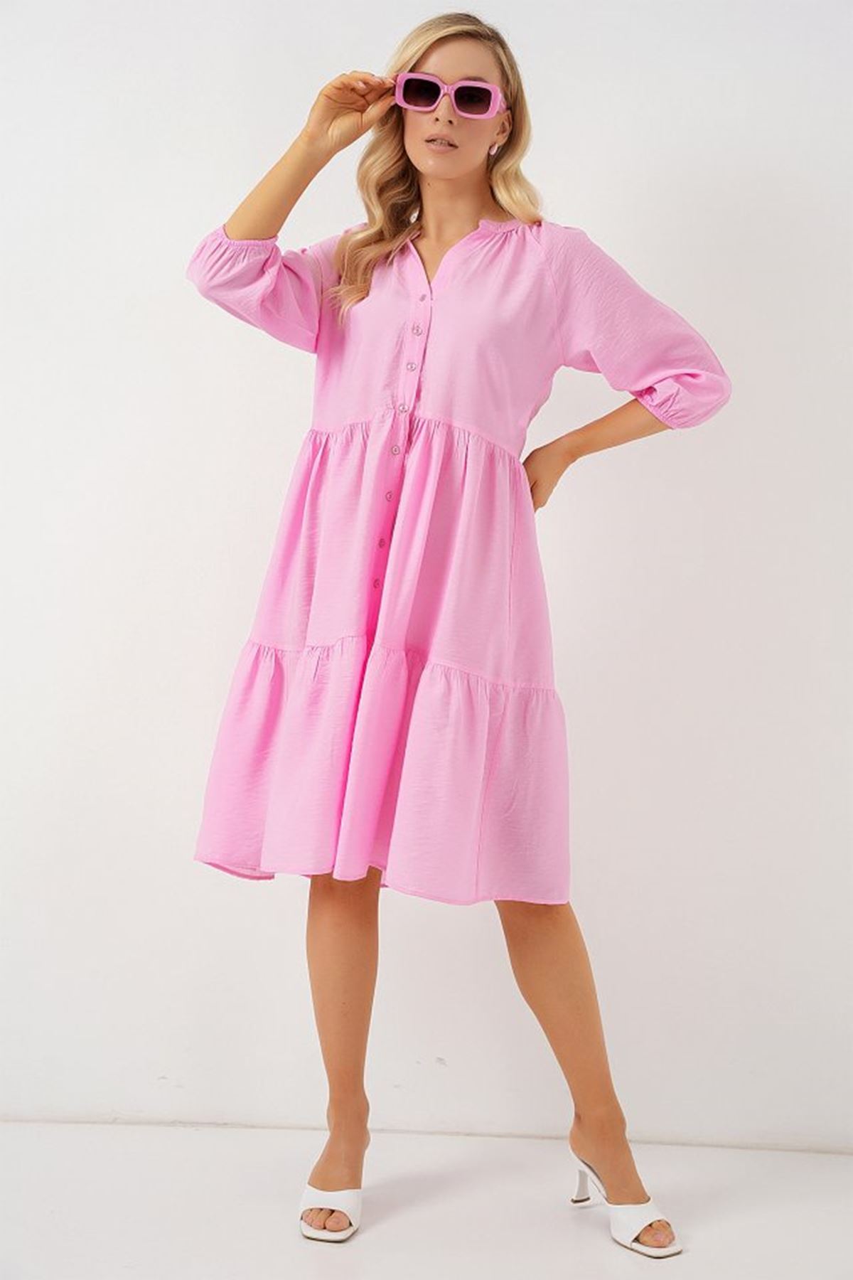 Düğmeli Kısa Kol Elbise 2559 - Pembe