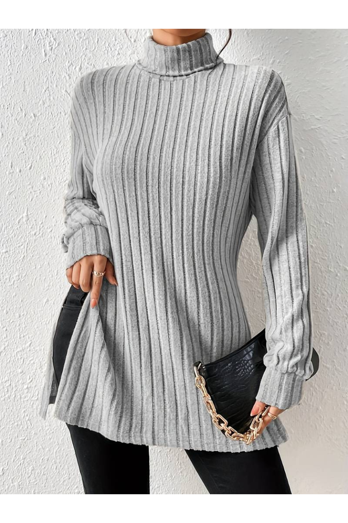 Kadın Uzun Kollu Balıkçı Yaka Yandan Yırtmaçlı şardonlu Kaşkorse Bluz