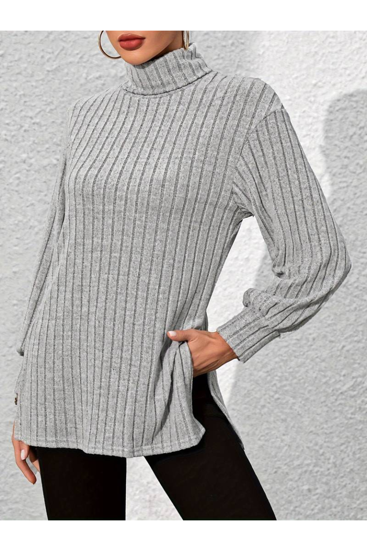 Kadın Uzun Kollu Balıkçı Yaka Yandan Yırtmaçlı şardonlu Kaşkorse Bluz