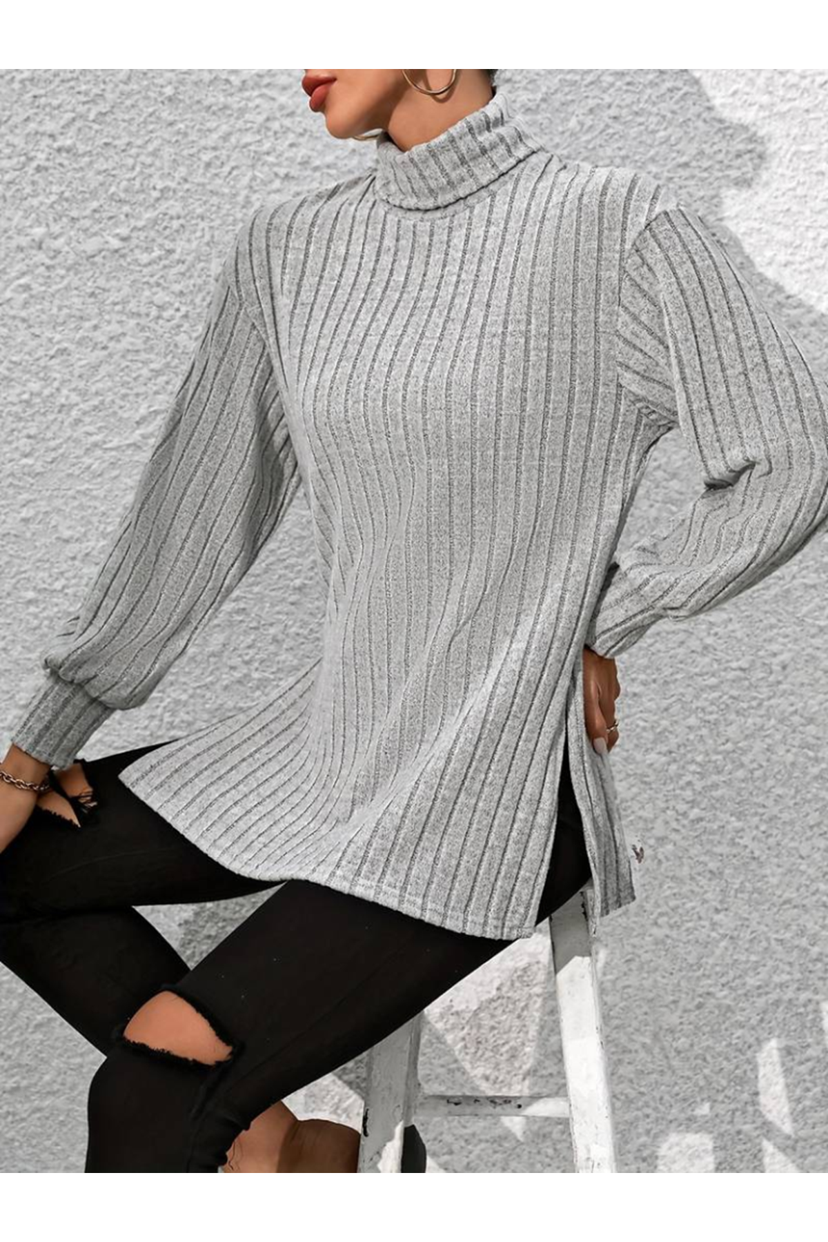 Kadın Uzun Kollu Balıkçı Yaka Yandan Yırtmaçlı şardonlu Kaşkorse Bluz