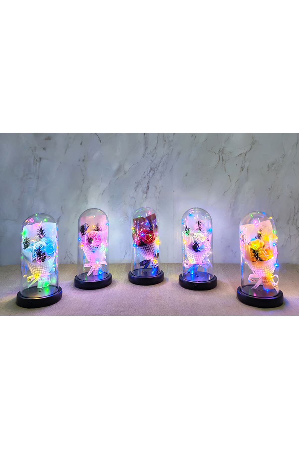 Işıklı Müzikli Fanus içinde Gül Buketi