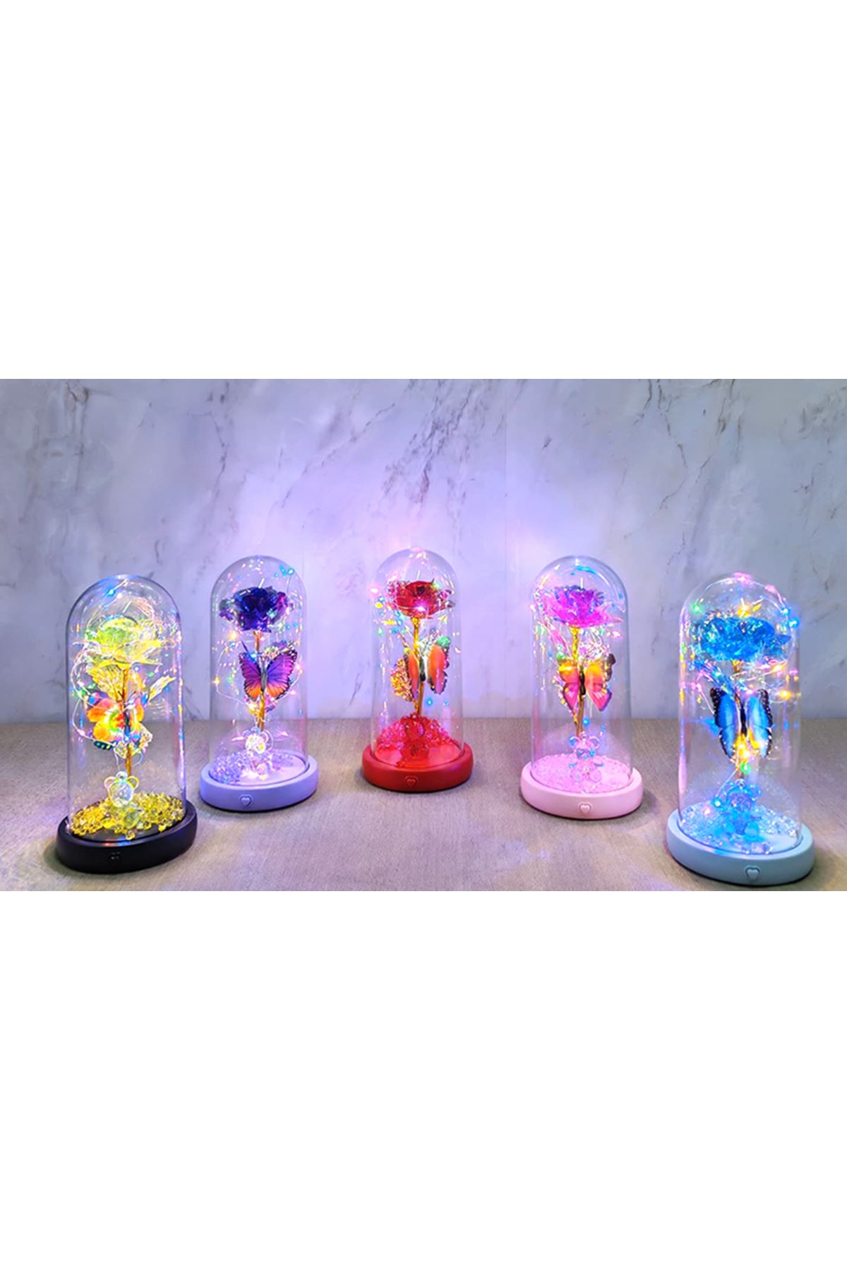 Işıklı Müzikli Romantik Kelebekli Fanus içinde Gül