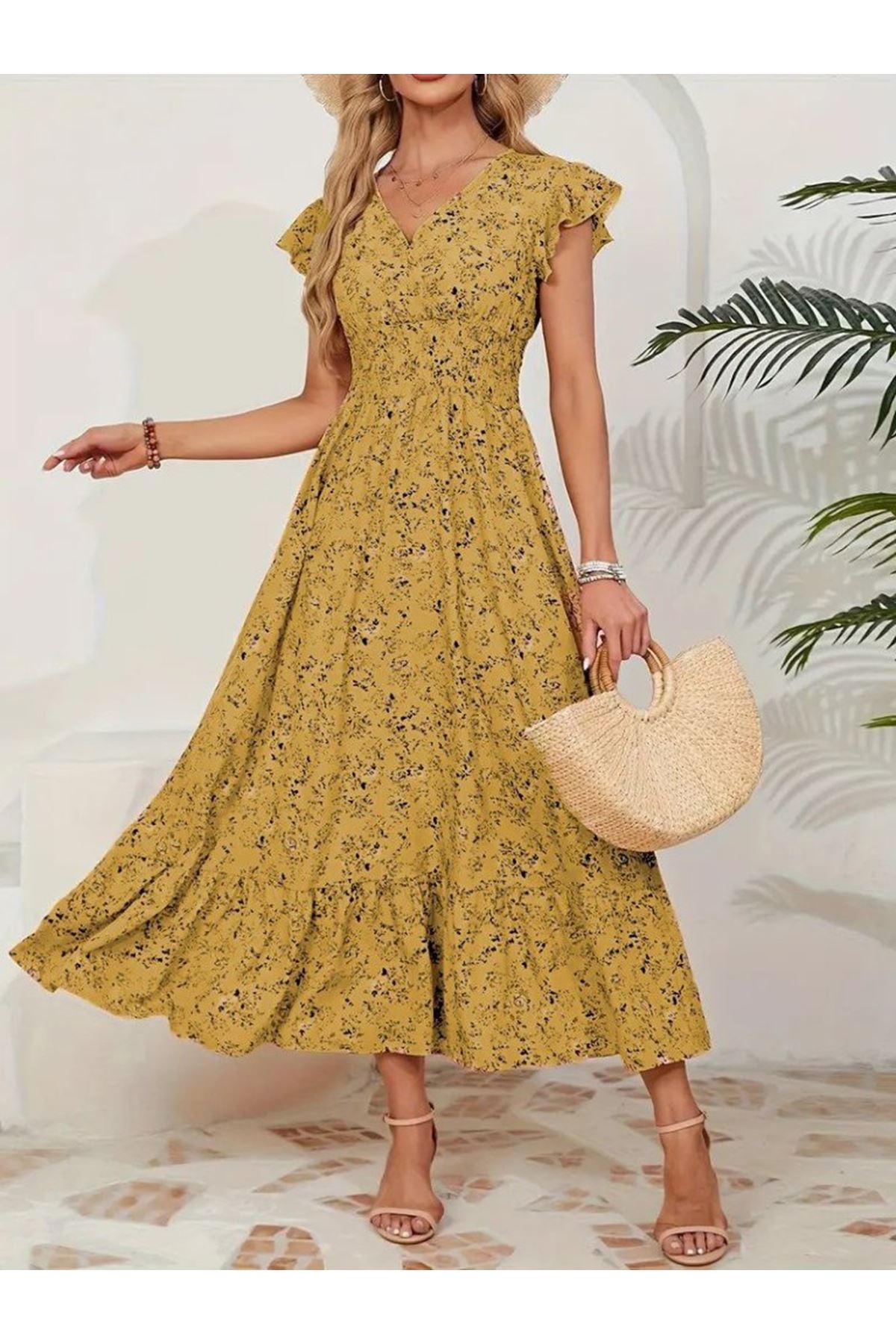Kadın Kısa Kollu Kruvaze Yaka Beli Lastikli çiçek Desenli Elbise