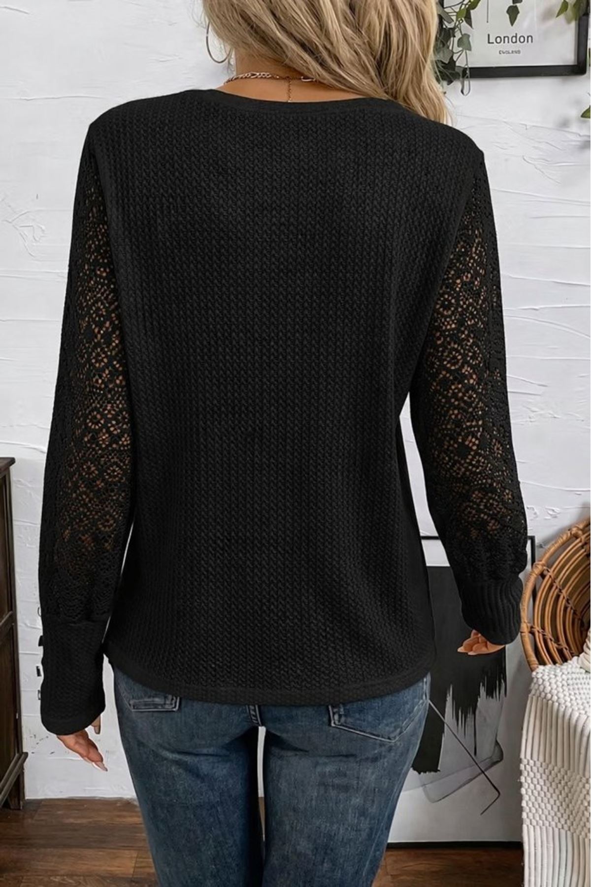 Kadın Uzun Kollu Bisiklet Yaka Kolları Tüllü Waffle Bluz