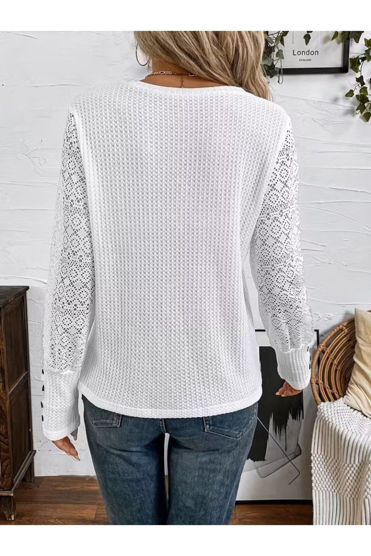 Kadın Uzun Kollu Bisiklet Yaka Kolları Tüllü Waffle Bluz