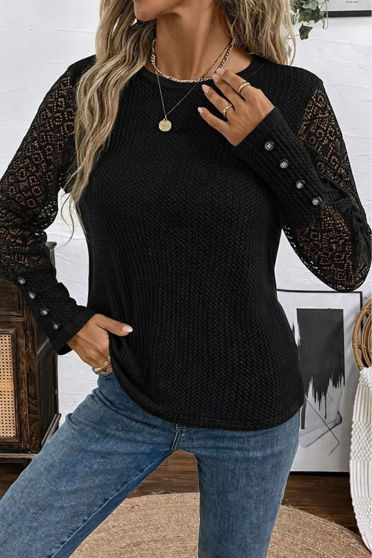 Kadın Uzun Kollu Bisiklet Yaka Kolları Tüllü Waffle Bluz