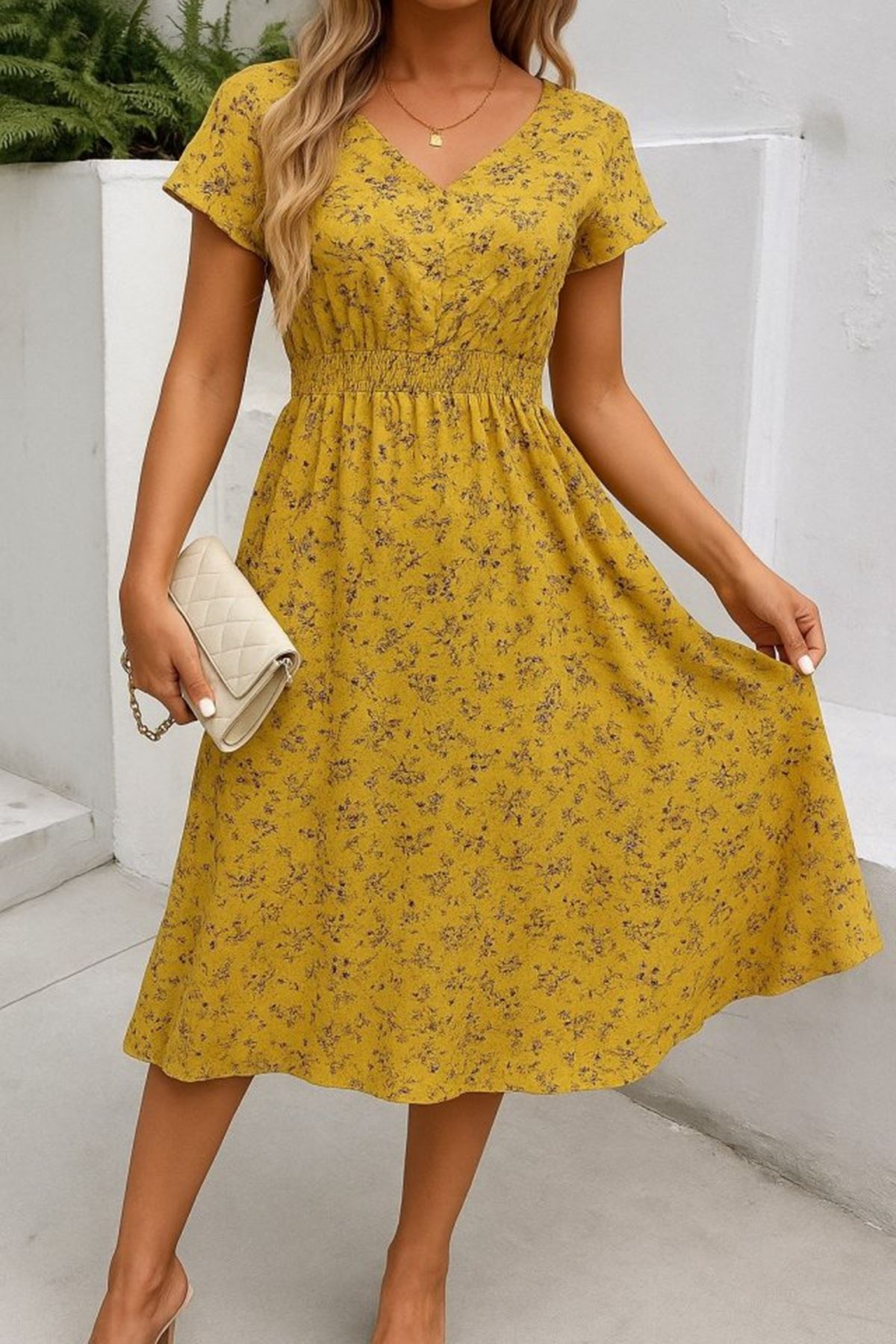 Kadın Kısa Kollu Kruvaze Yaka Beli Lastikli çiçek Desenli Elbise