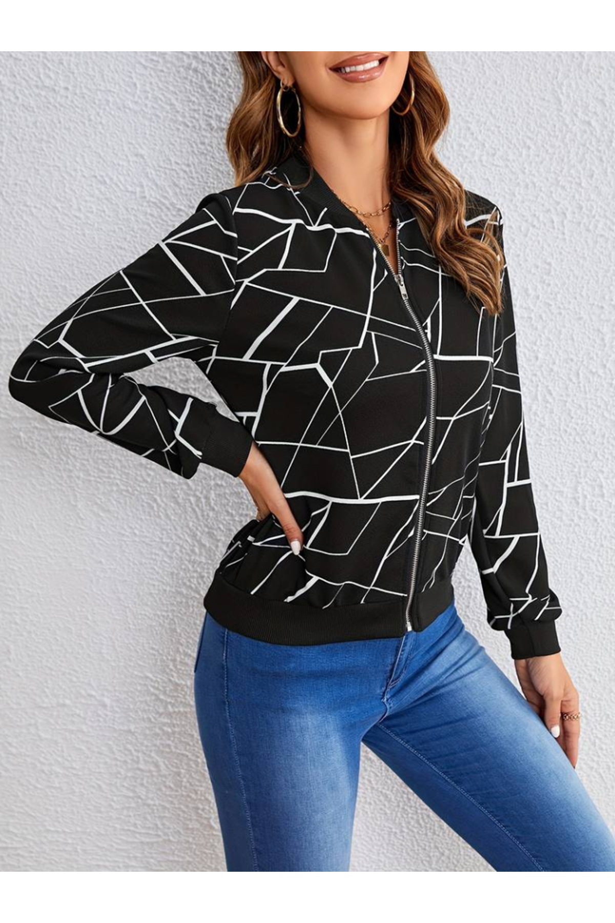 Kadın Uzun Kollu Baskılı Dalgıç Ceket