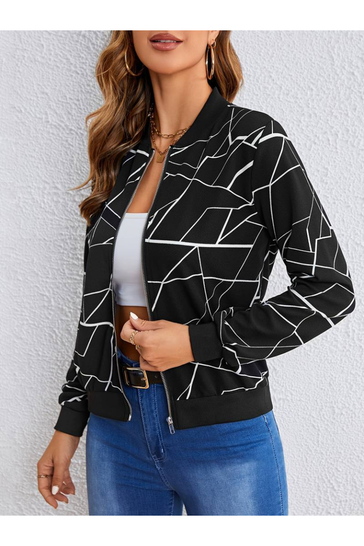 Kadın Uzun Kollu Baskılı Dalgıç Ceket