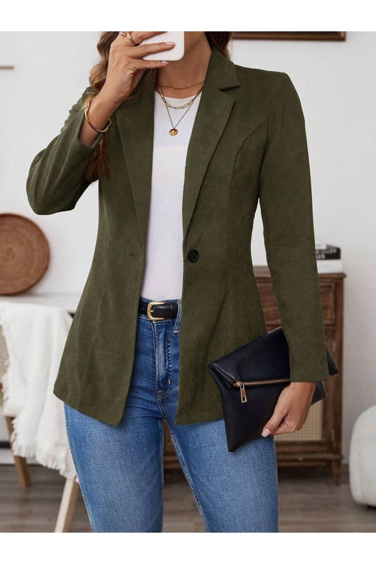 Kadın Uzun Kollu Yakalı Tek Düğmeli Süet Ceket