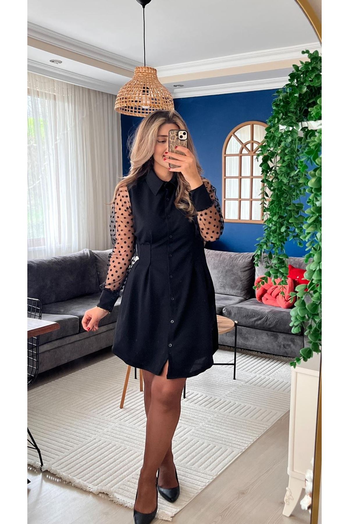 Kadın Uzun Kollu Yakalı Düğmeli Mini Ithal Krep Elbise