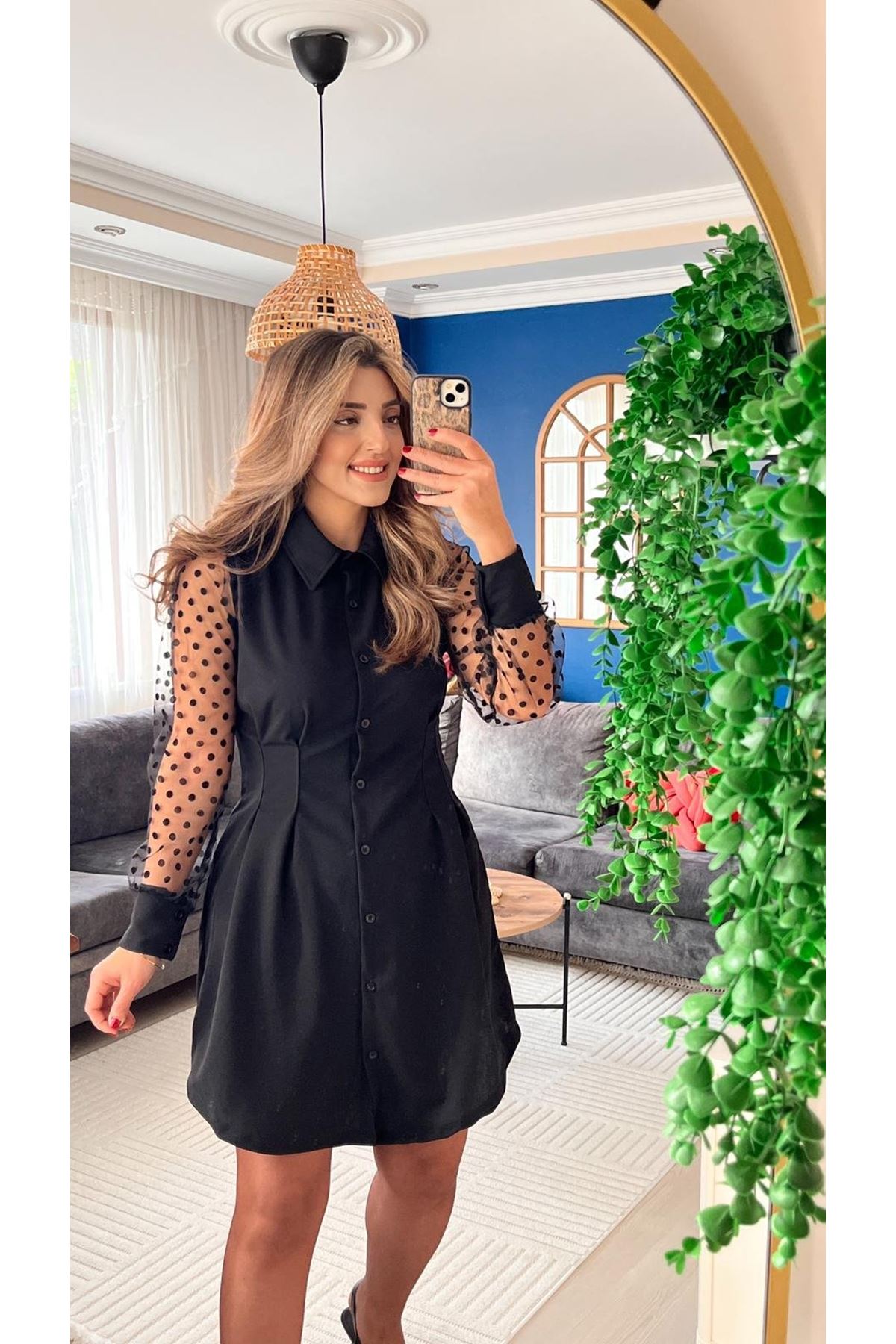 Kadın Uzun Kollu Yakalı Düğmeli Mini Ithal Krep Elbise