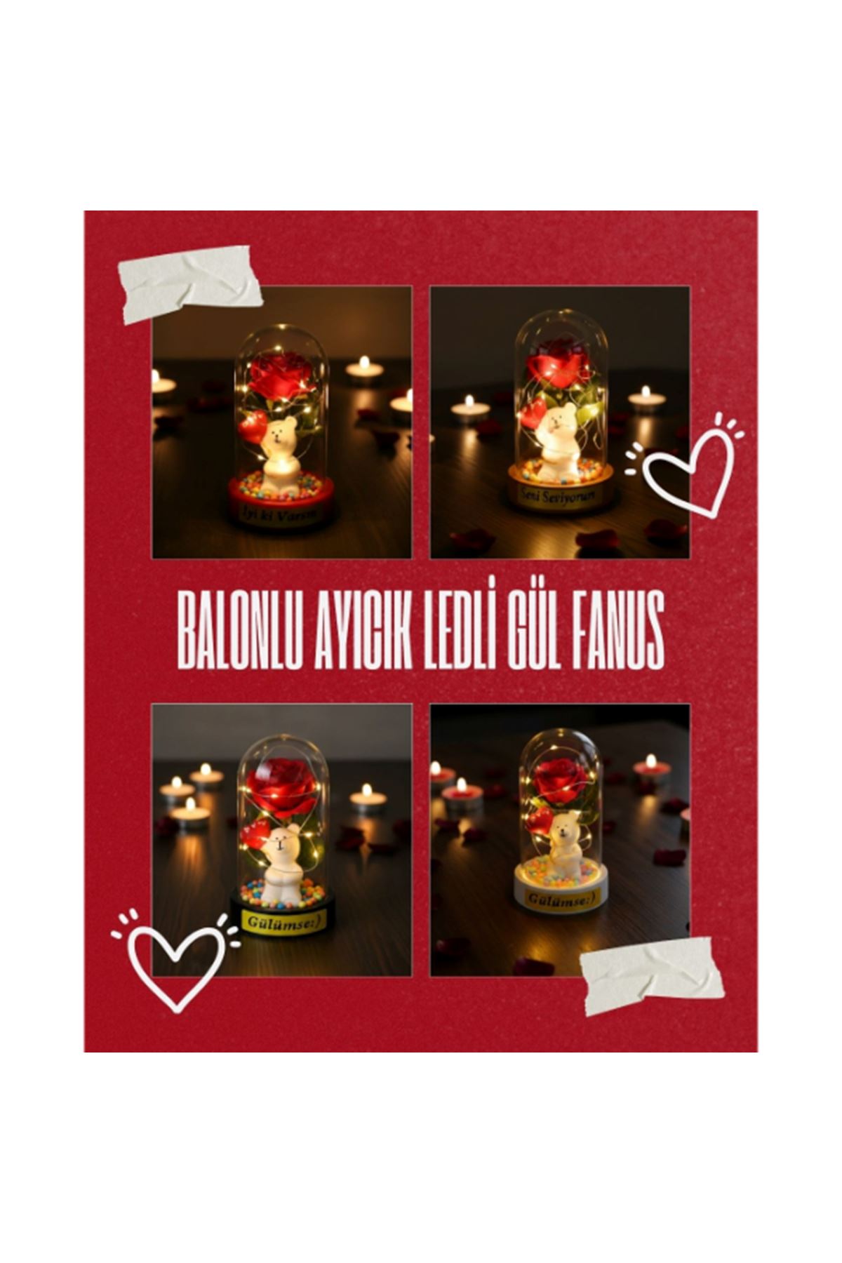 Balonlu Ayıcık Ledli Gül Fanus