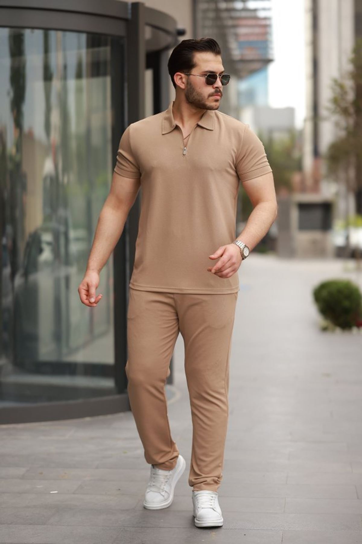 Erkek Yakalı Fermuarlı T-shirt Pantolon Ikili Rahat Takım