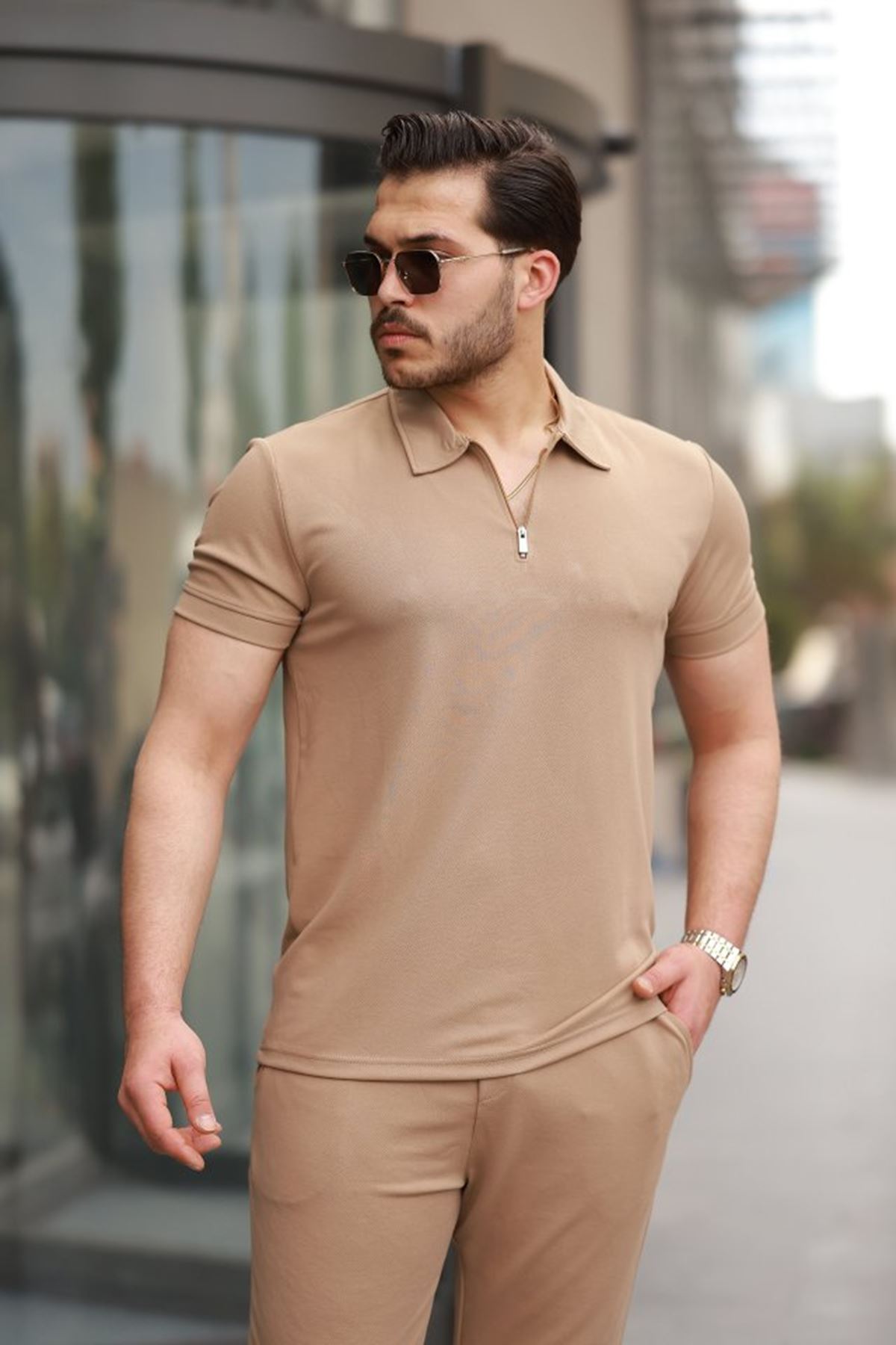 Erkek Yakalı Fermuarlı T-shirt Pantolon Ikili Rahat Takım