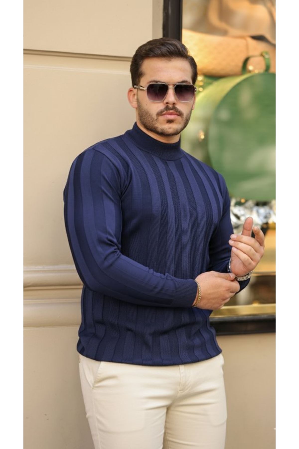 Erkek Yarım Balıkçı Yaka Kabartma Desenli Triko