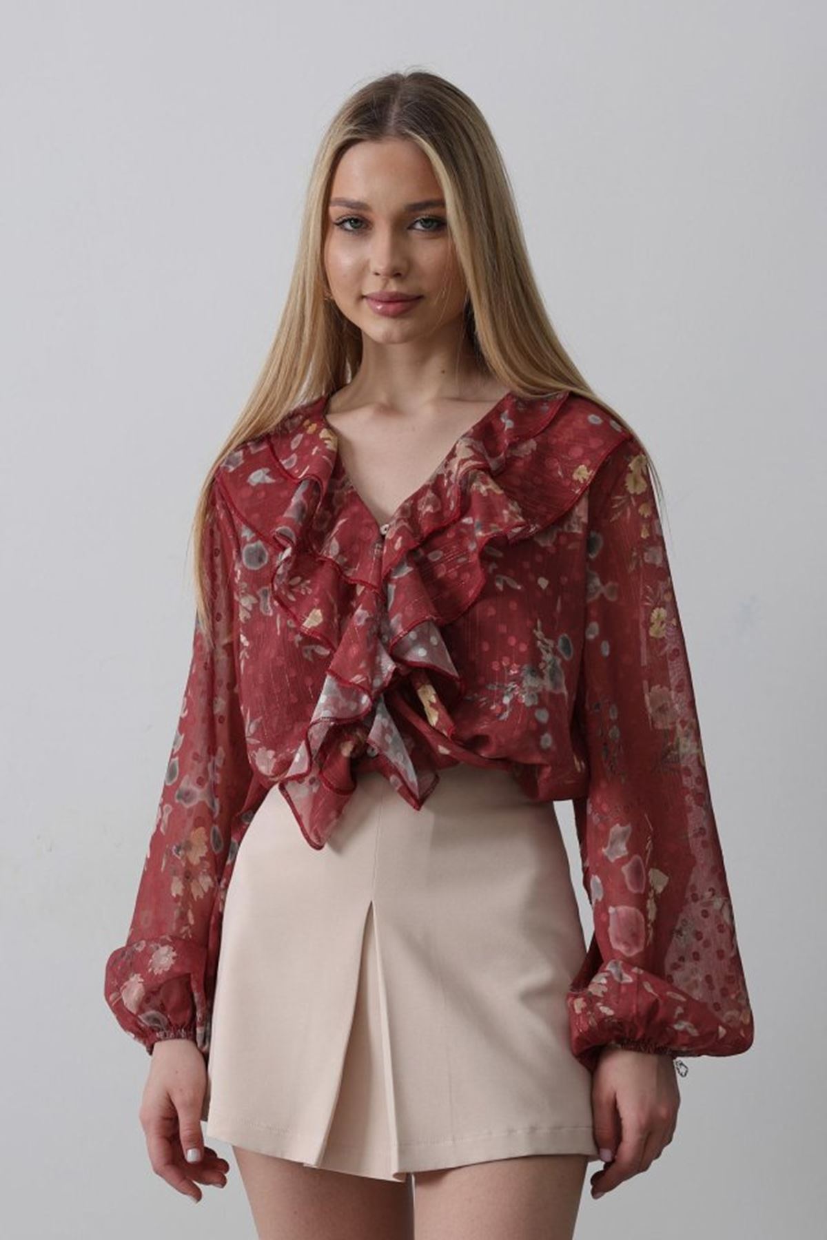 Volanlı Çiçek Desen Şifon Gömlek - Bordo