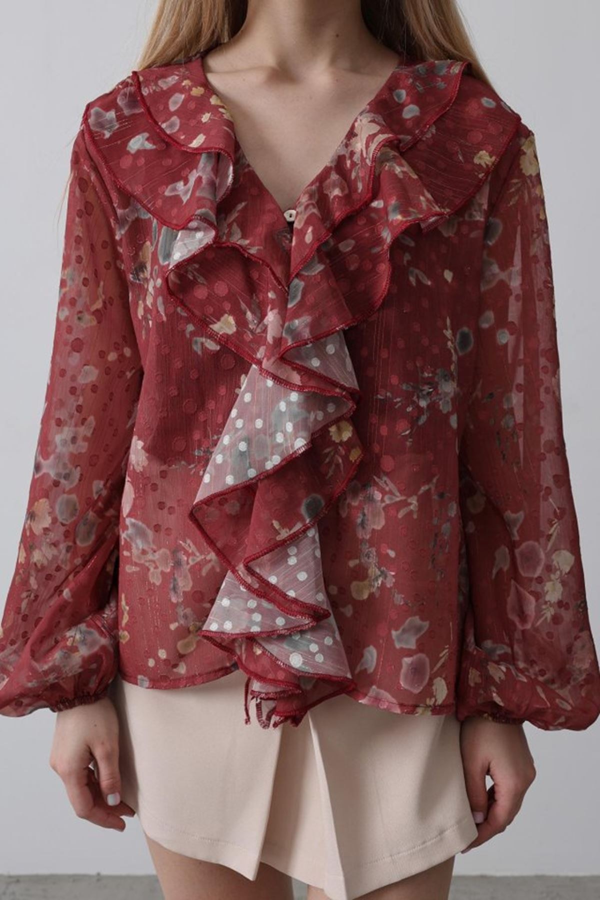 Volanlı Çiçek Desen Şifon Gömlek - Bordo