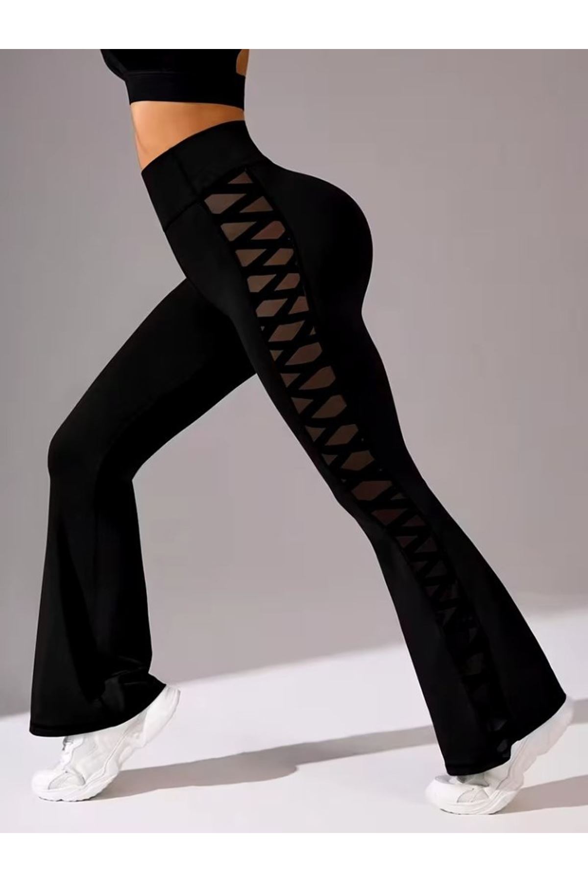 Kadın Yüksek Bel Yanları çapraz Tül Detaylı Dalgıç Tayt