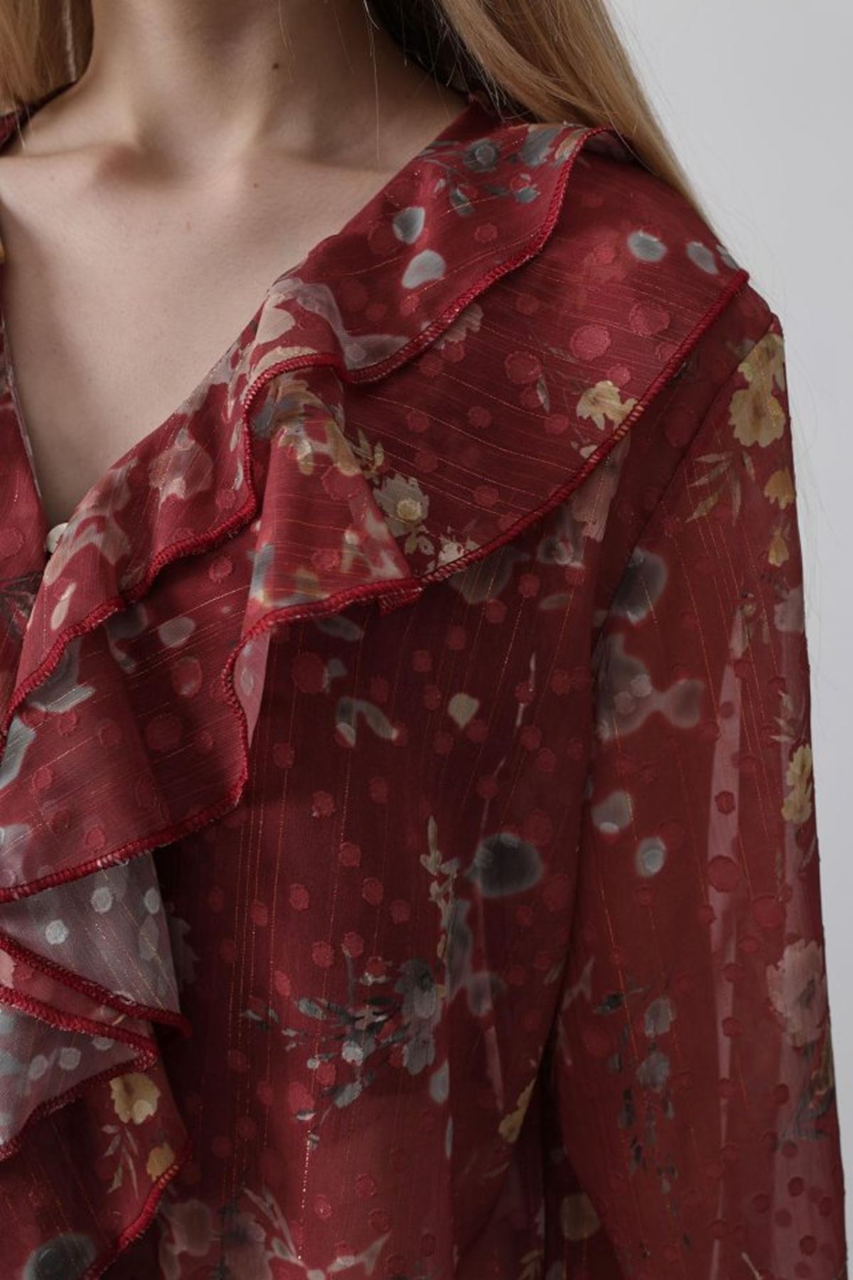 Volanlı Çiçek Desen Şifon Gömlek - Bordo