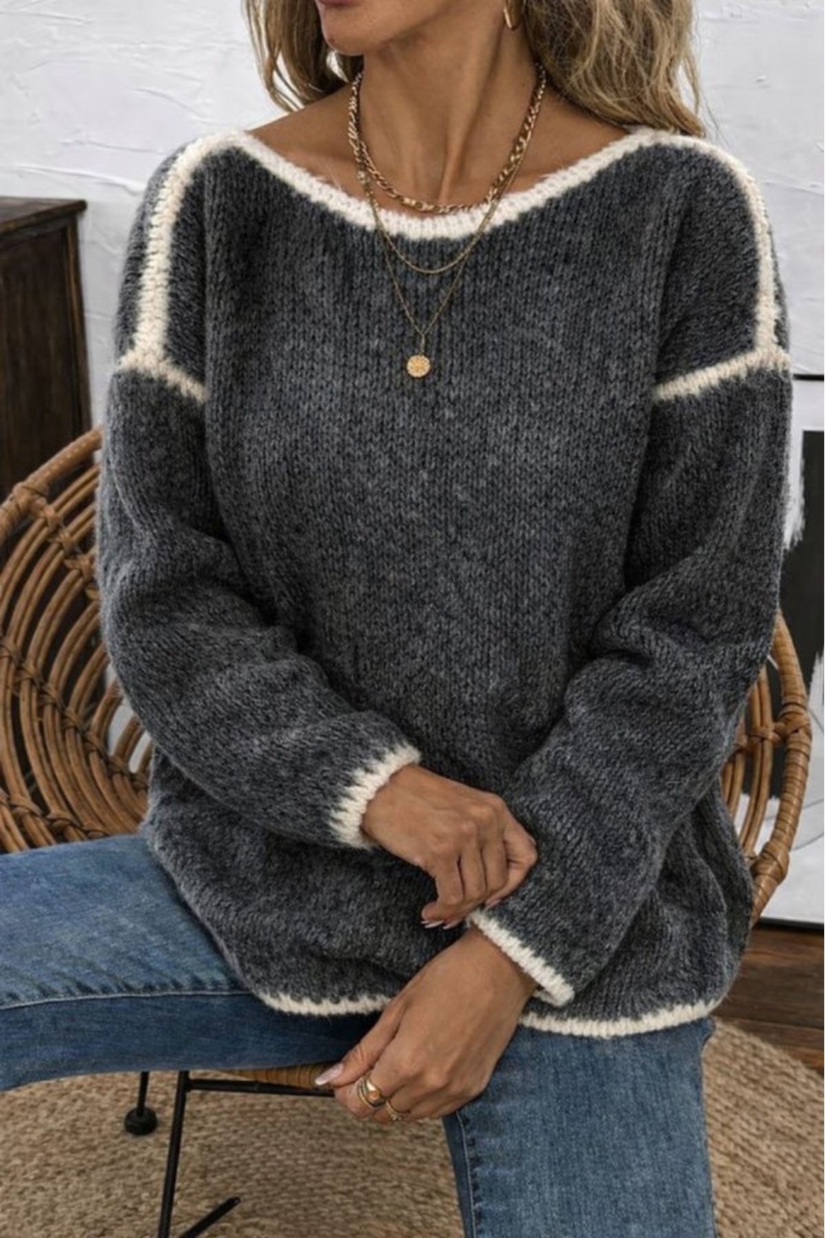 Kadın Uzun Kollu Kayık Yaka Triko Bluz