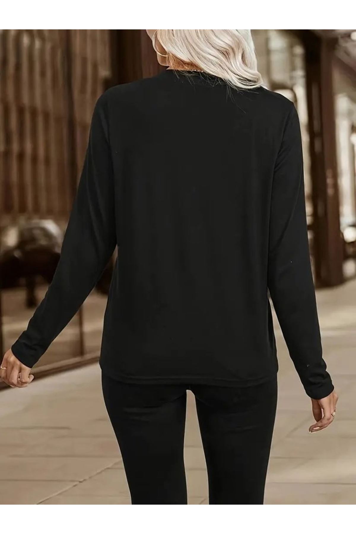 Kadın Uzun Kollu V Hakim Yaka Fermuar Detaylı Viskon Bluz