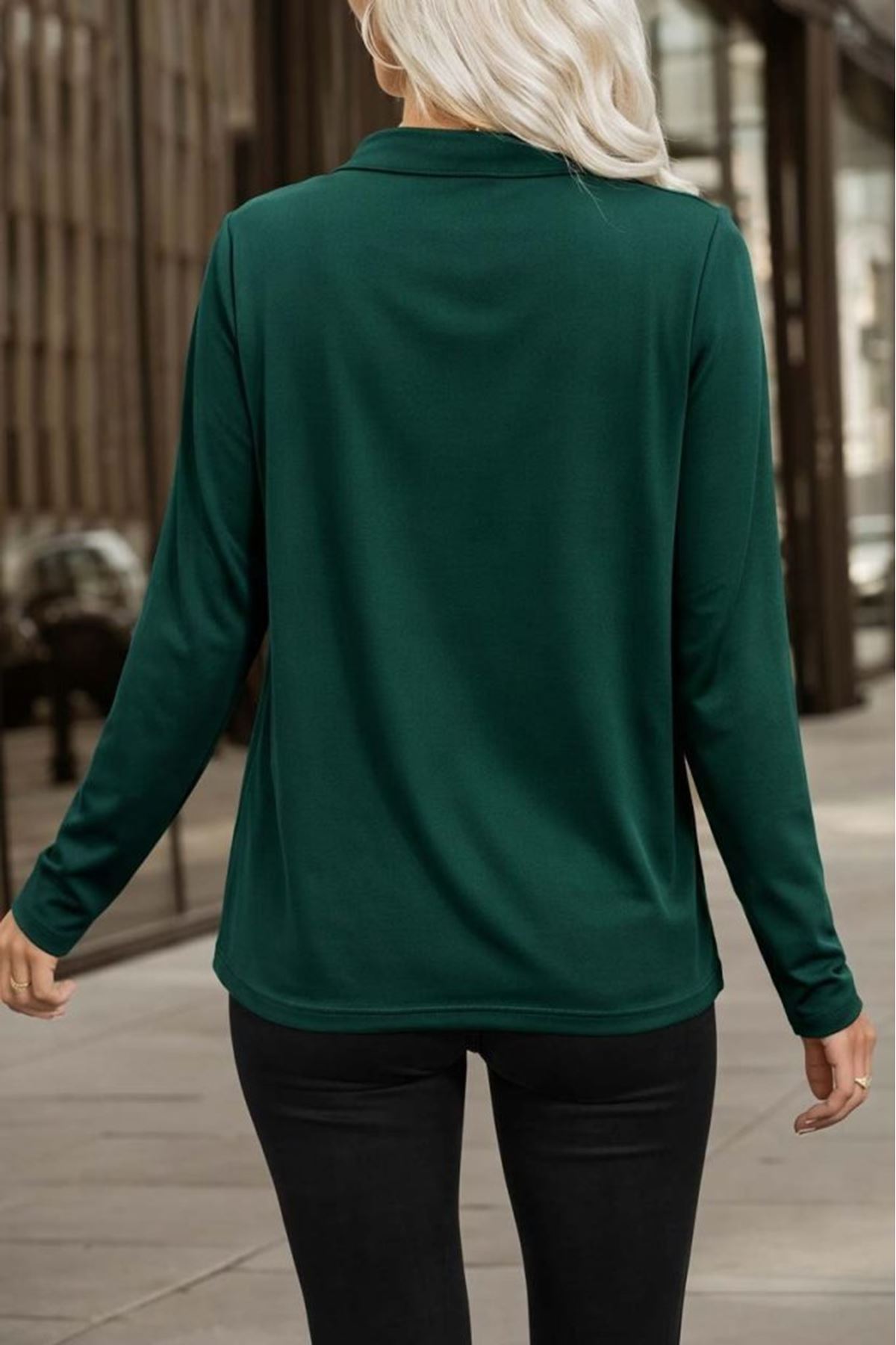 Kadın Uzun Kollu V Hakim Yaka Fermuar Detaylı Viskon Bluz