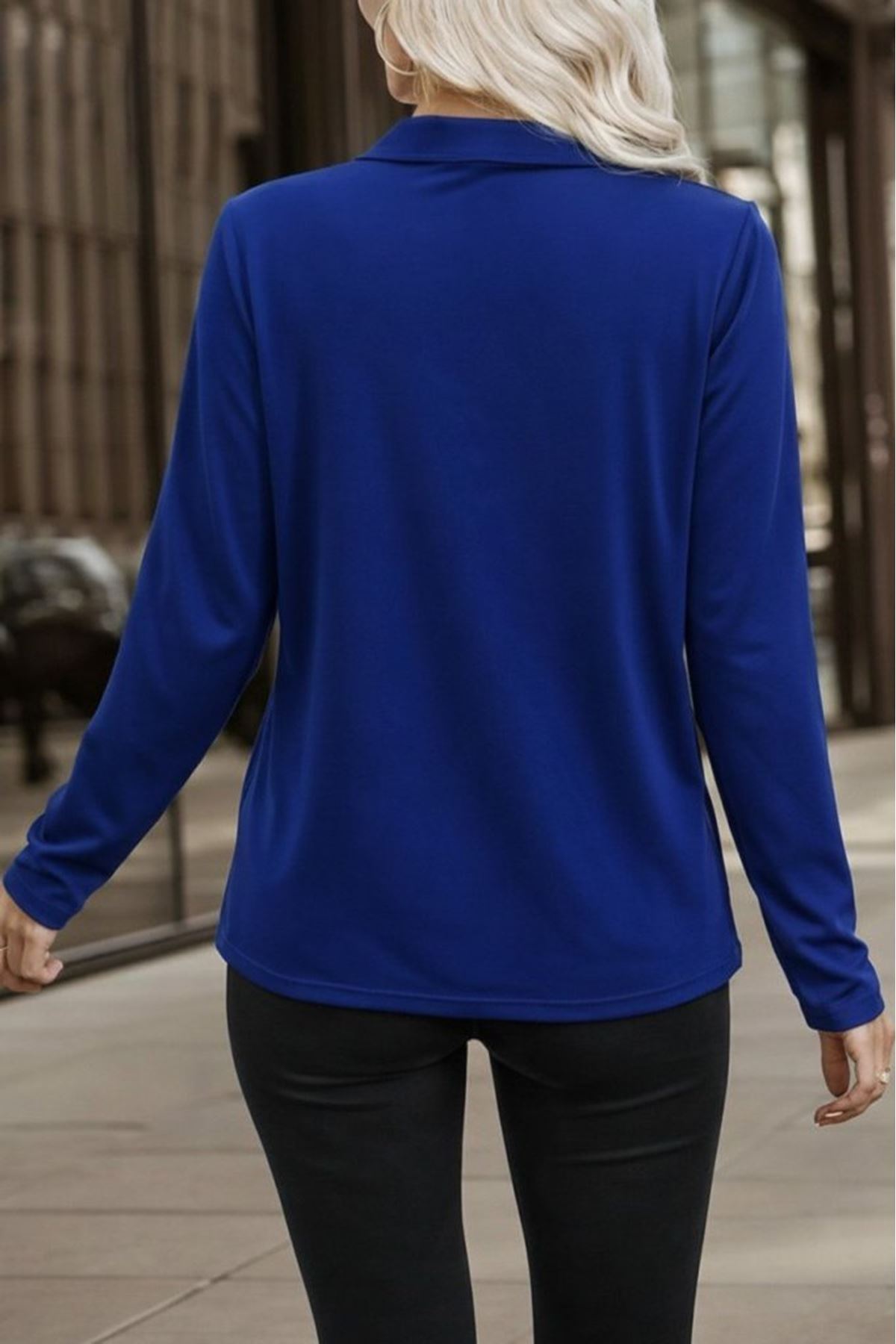 Kadın Uzun Kollu V Hakim Yaka Fermuar Detaylı Viskon Bluz