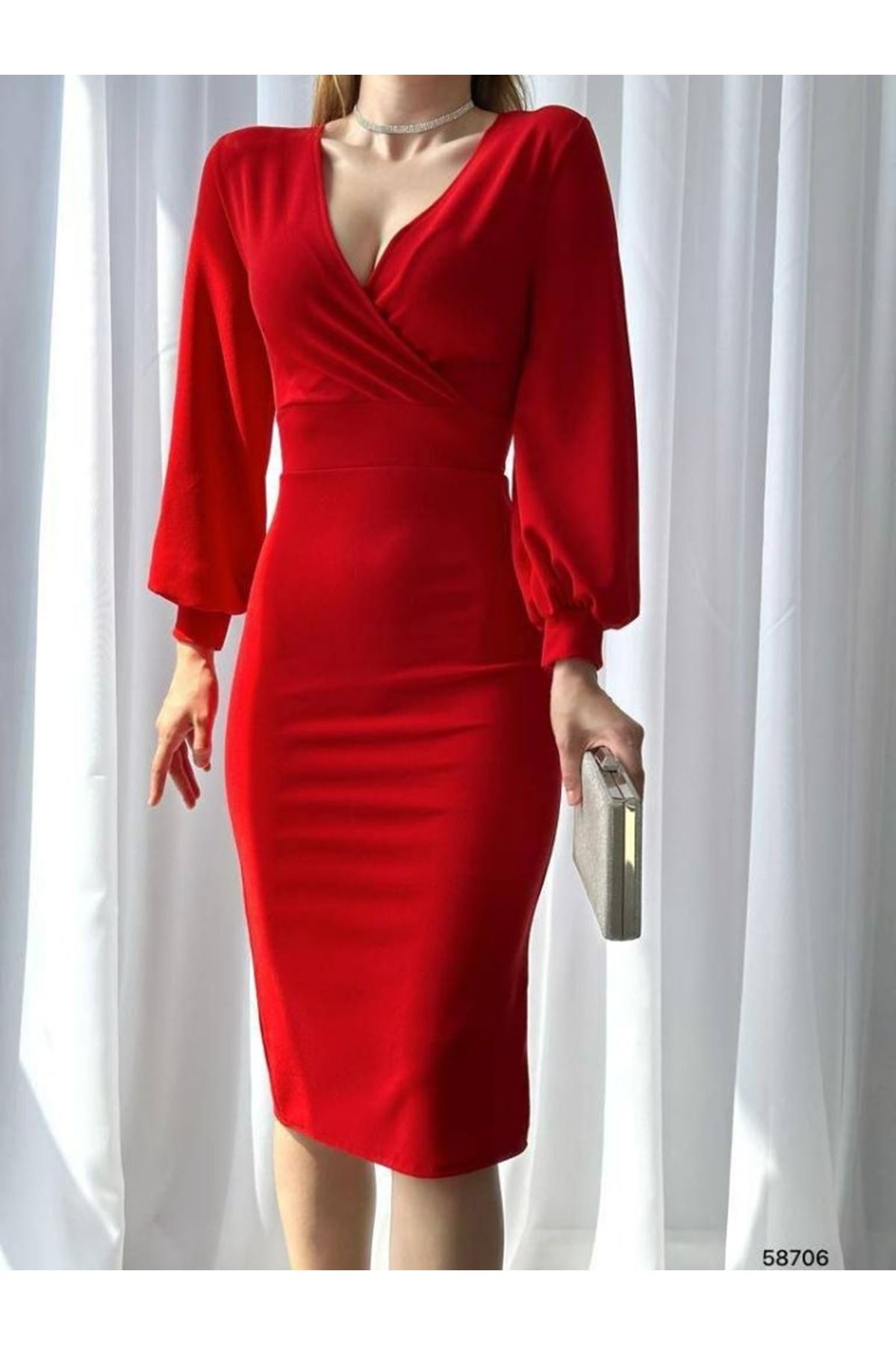 Kadın Kruvaze Yaka Balon Kol Midi Boy Elbise