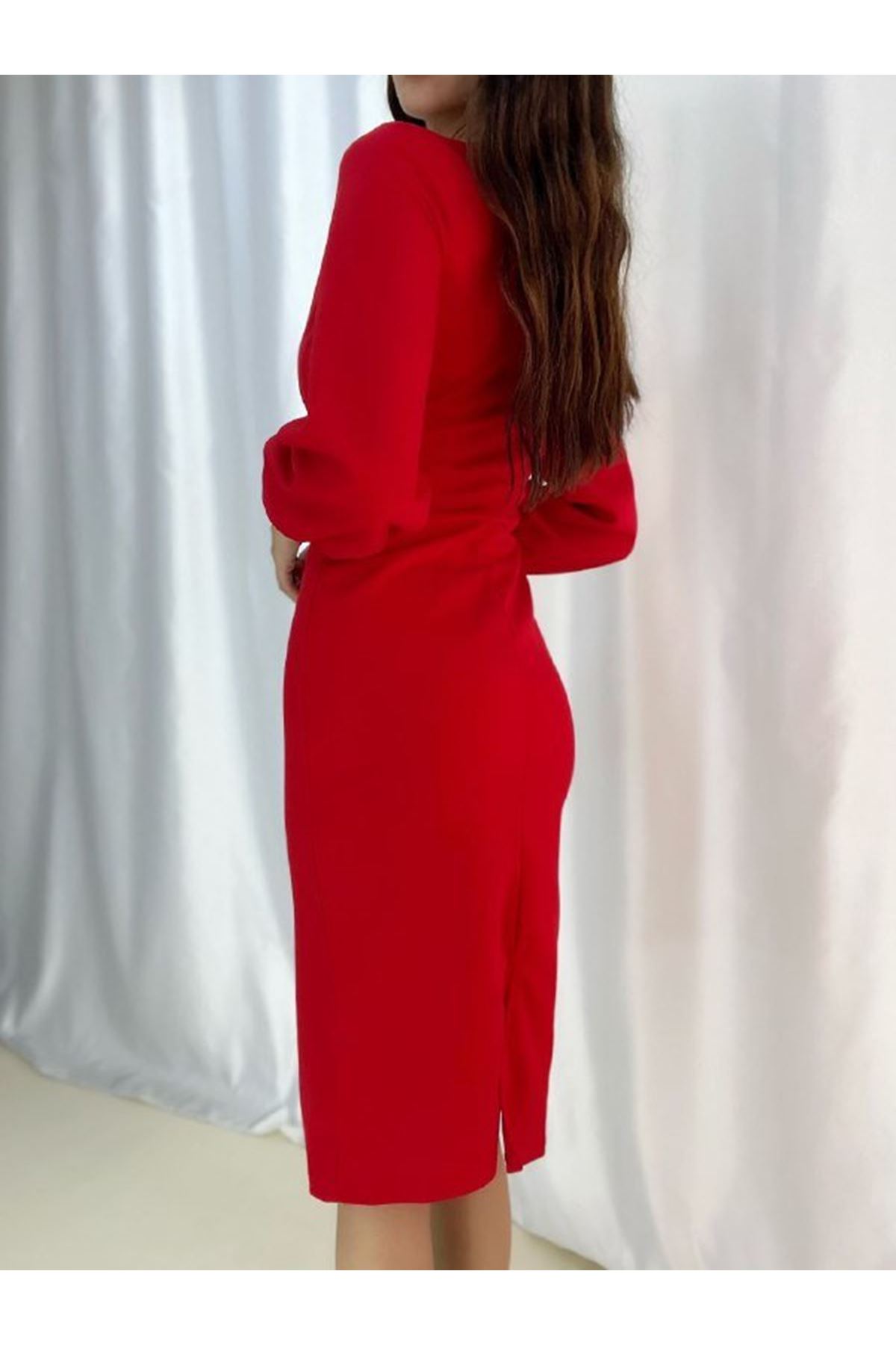 Kadın Kruvaze Yaka Balon Kol Midi Boy Elbise