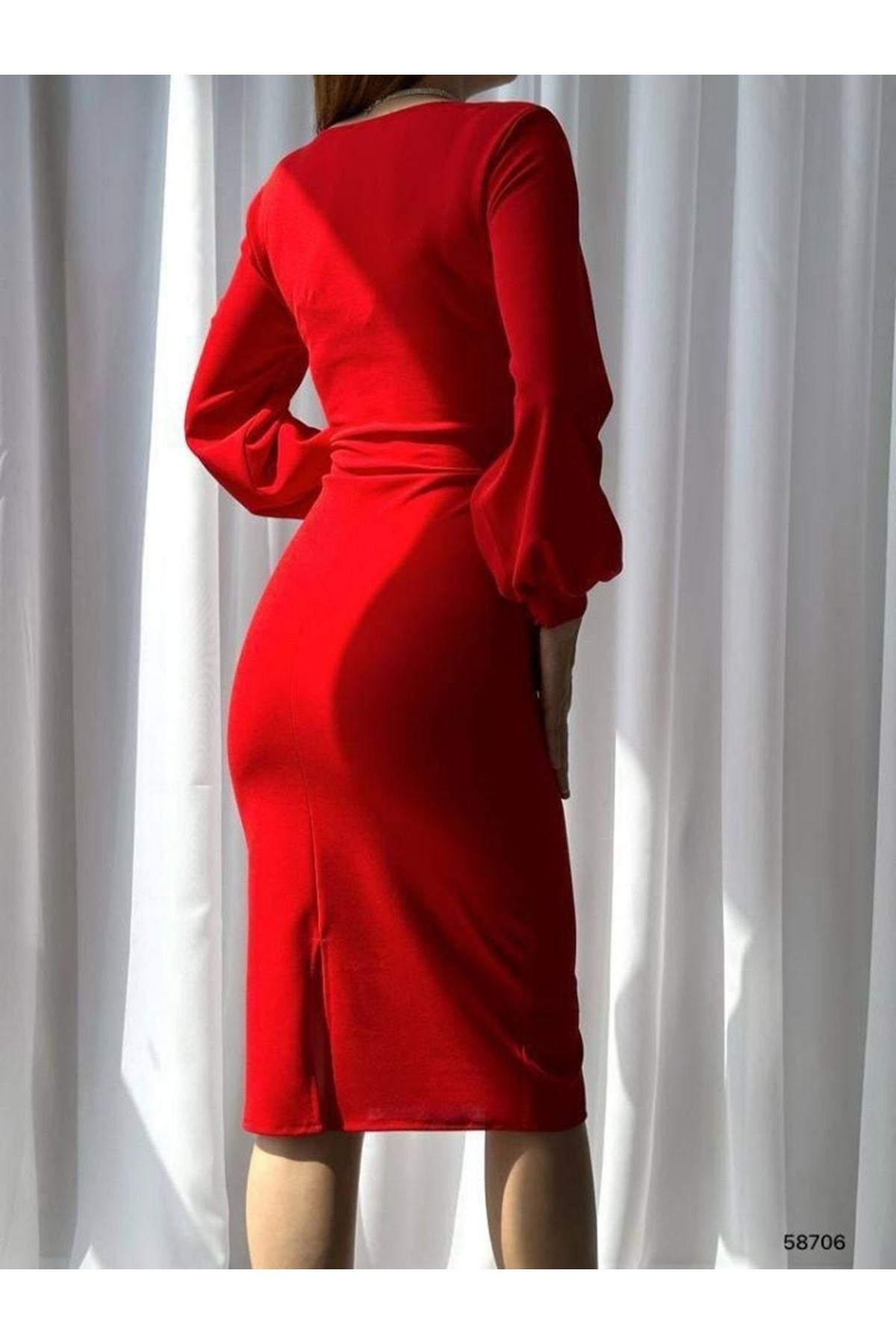 Kadın Kruvaze Yaka Balon Kol Midi Boy Elbise