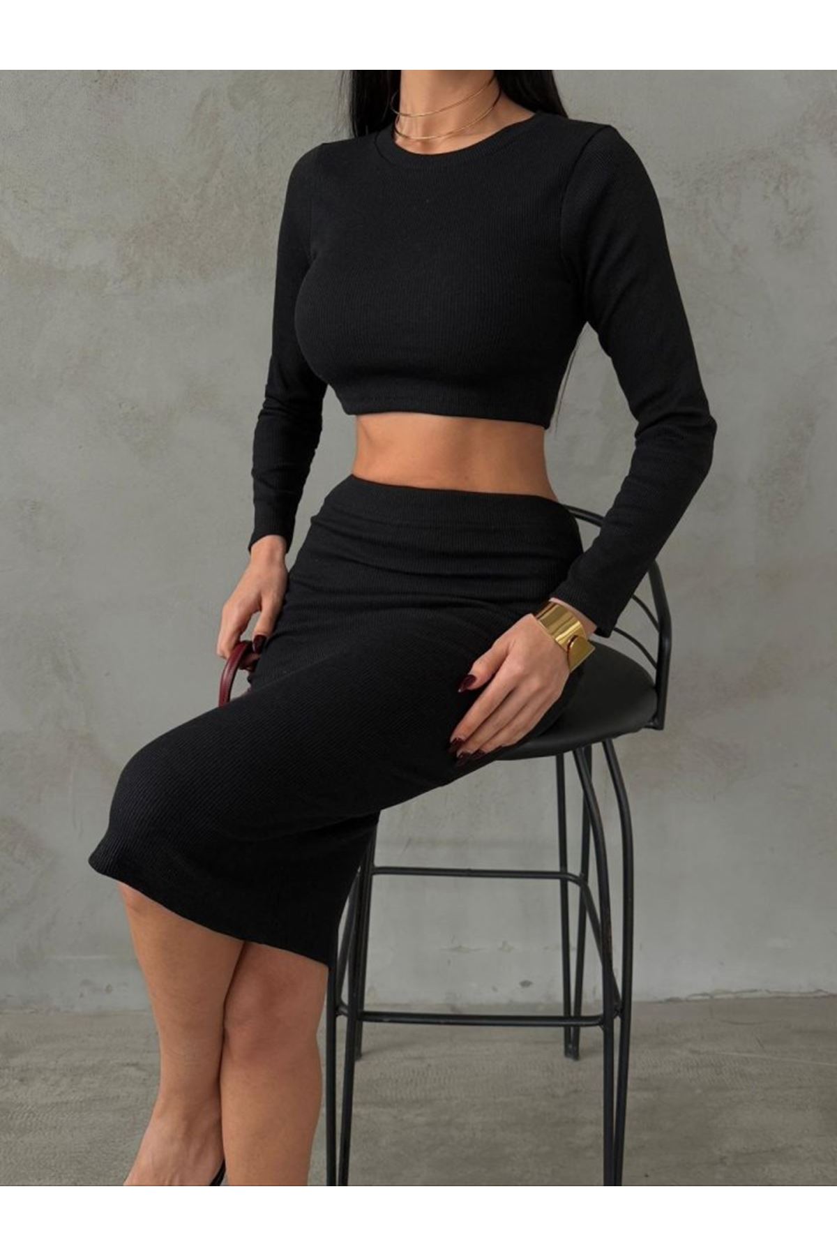 Kadın Uzun Kollu Bisiklet Yaka Crop Ve Midi Boy Kaşkorse Kumaş Etek Ikili Takım