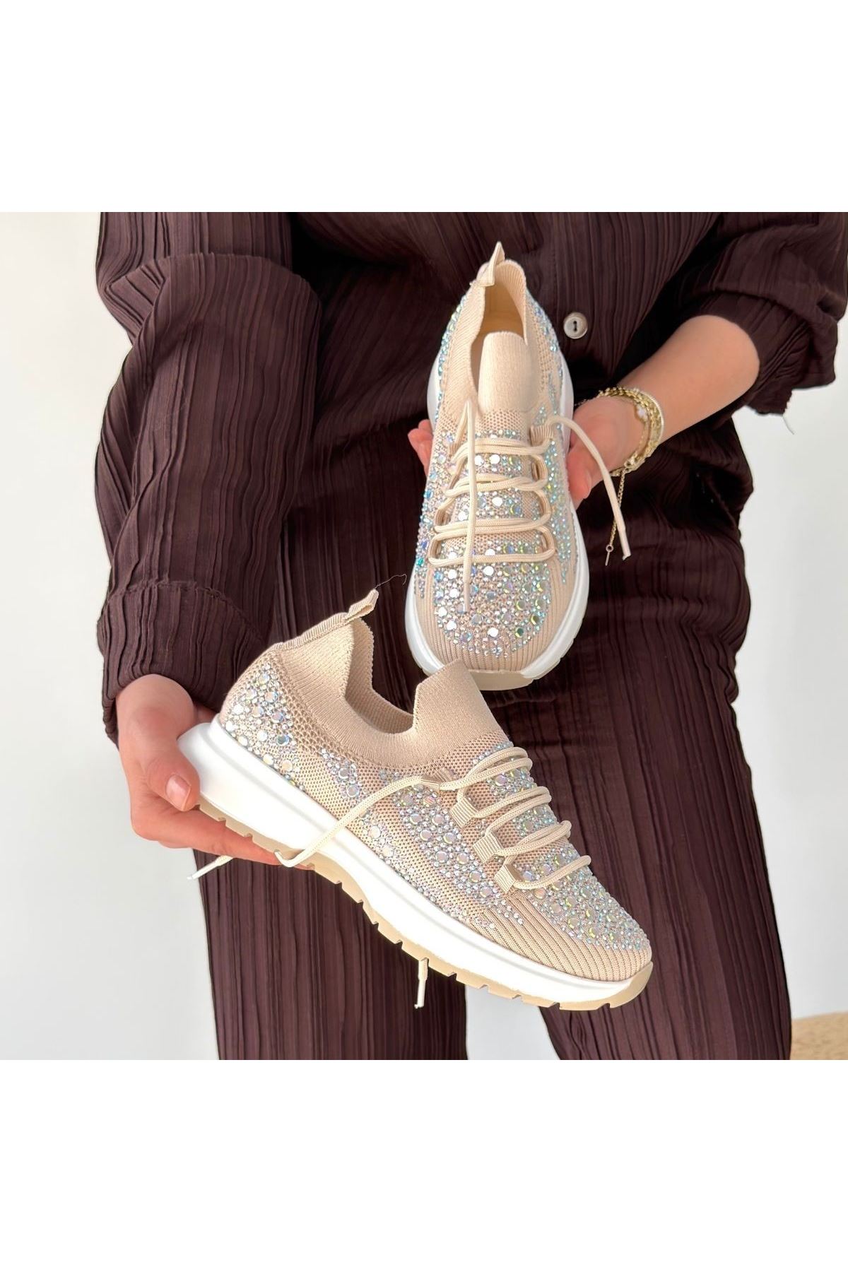 Ceas Bej Triko Bağcıklı Spor Ayakkabı