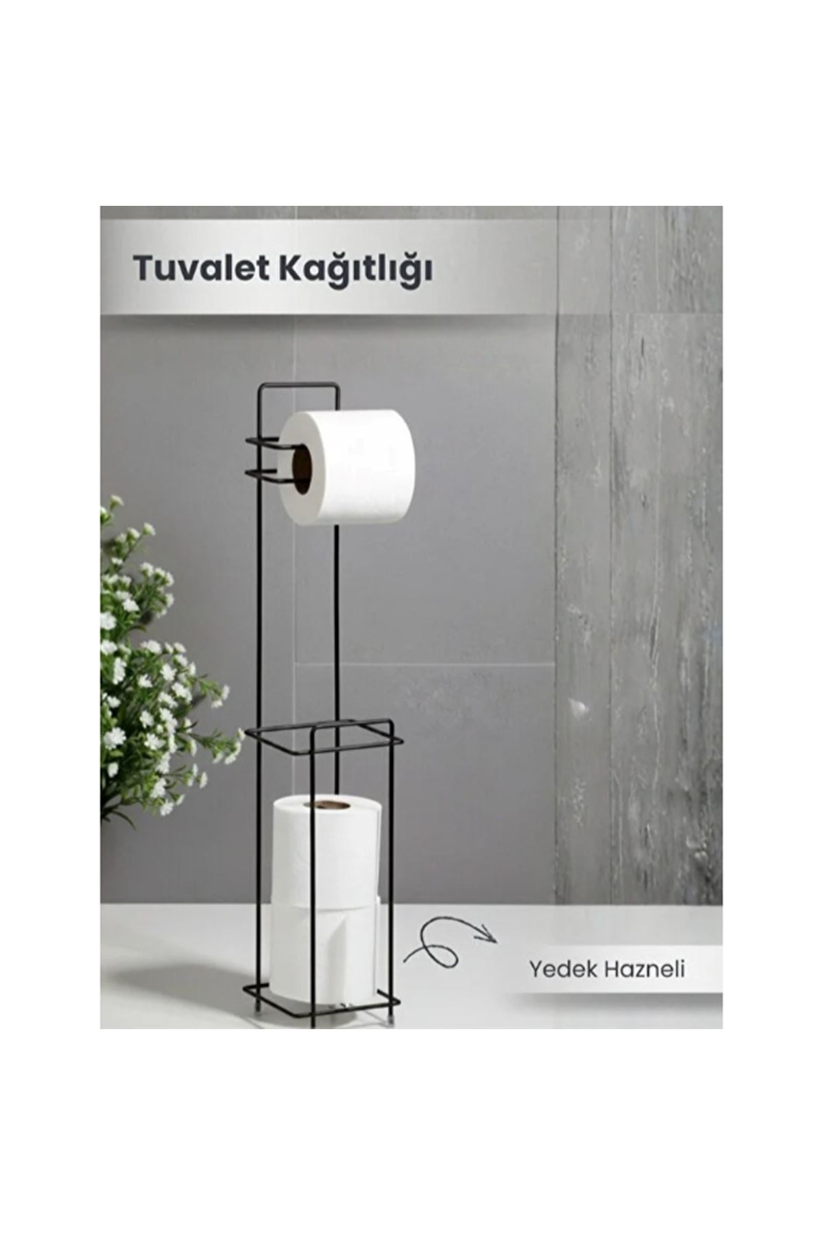 Siyah Standlı Yedek Hazneli Tuvalet Kağıtlığı