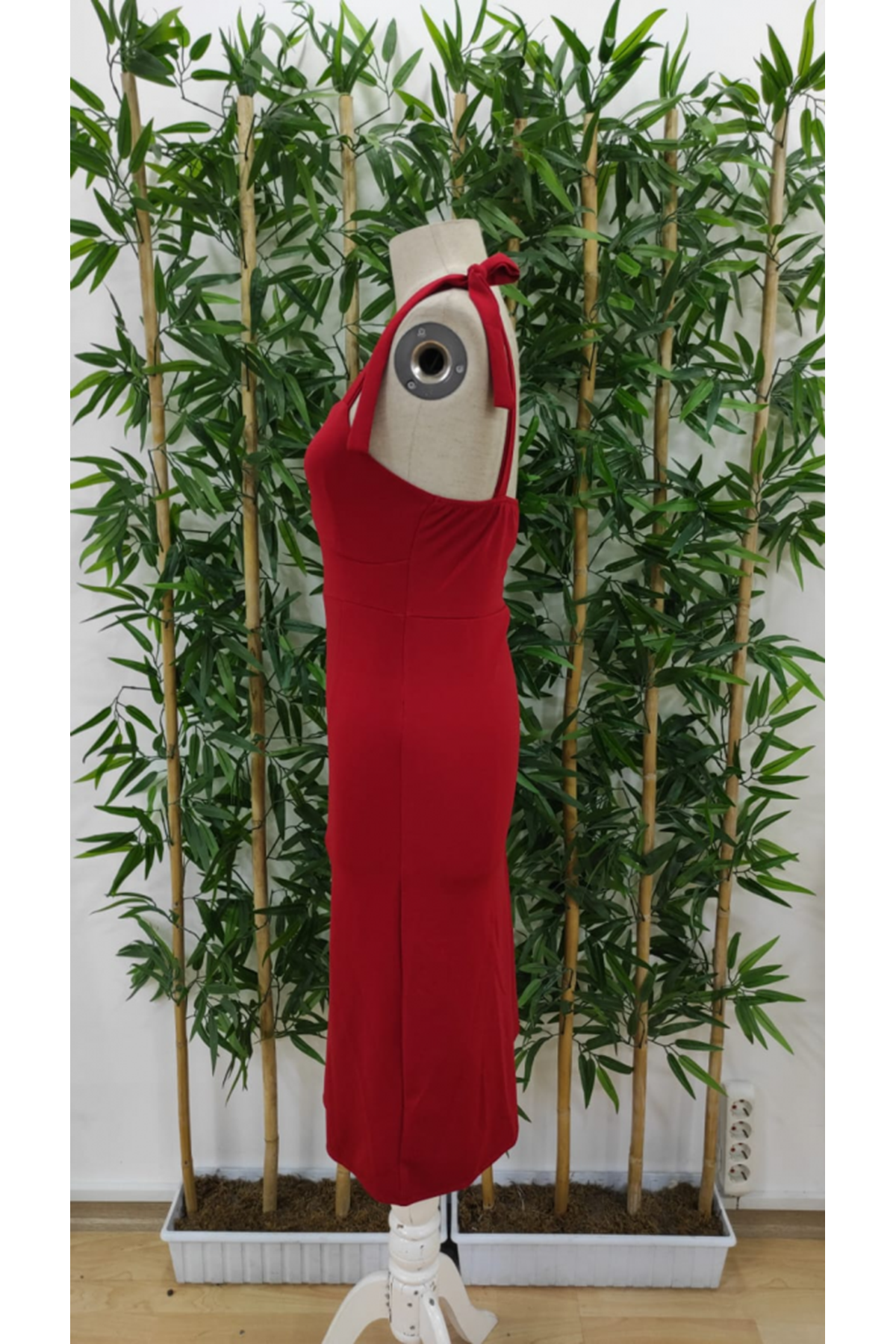 Kadın Göğüs Büzgü Detay Askıları Bağlamalı Yırtmaçlı Krep Elbise