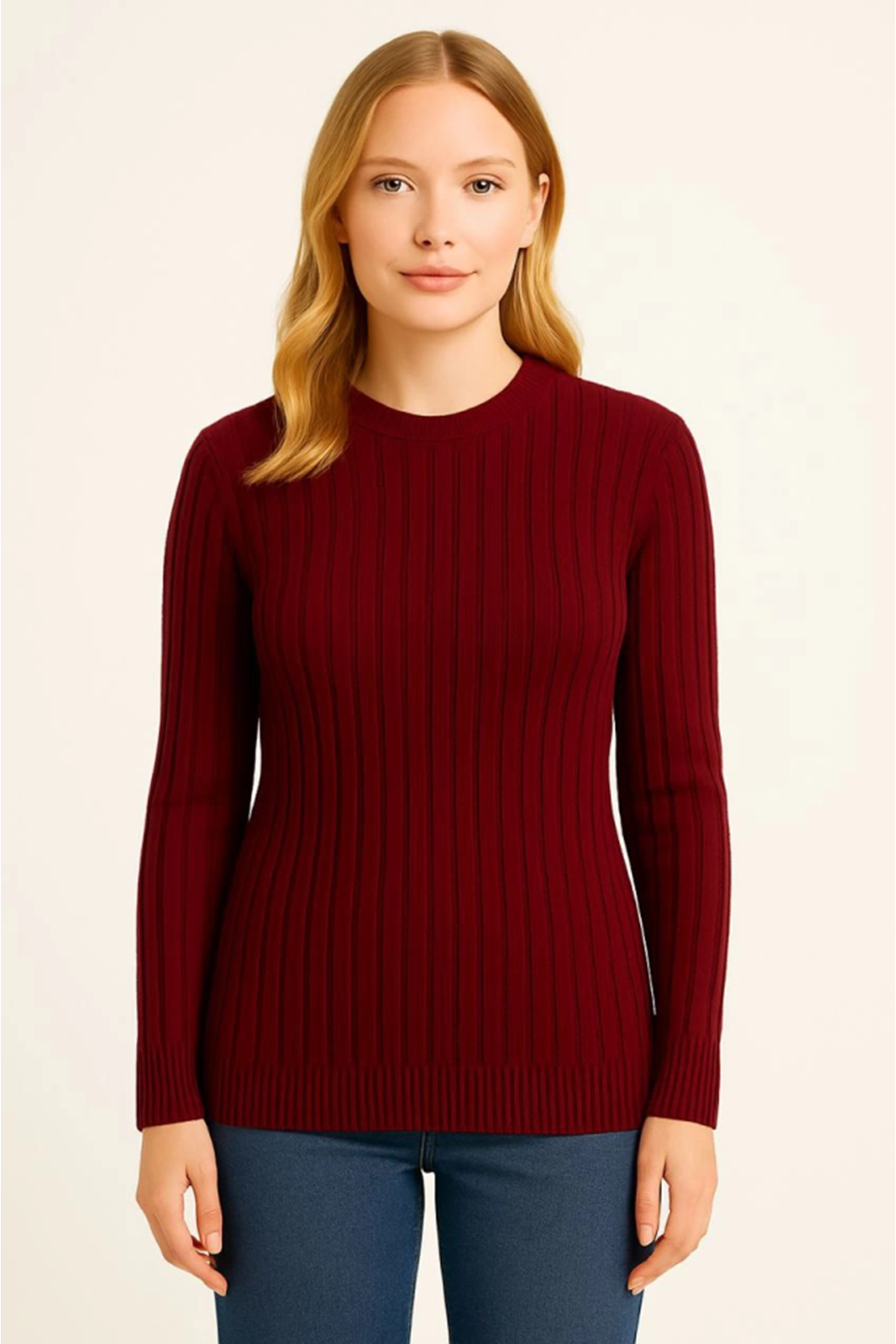 Bisiklet Yuvarlak Yaka Triko Kazak Pamuklu Kalın Fitilli Dokuma, Regular Fit Uzun Kollu Kışlık Model - Bordo