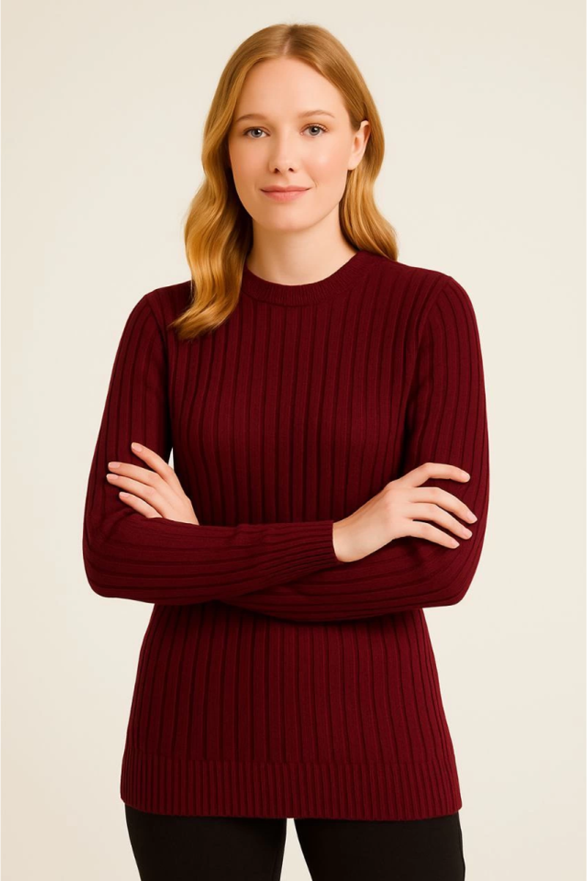 Bisiklet Yuvarlak Yaka Triko Kazak Pamuklu Kalın Fitilli Dokuma, Regular Fit Uzun Kollu Kışlık Model - Bordo