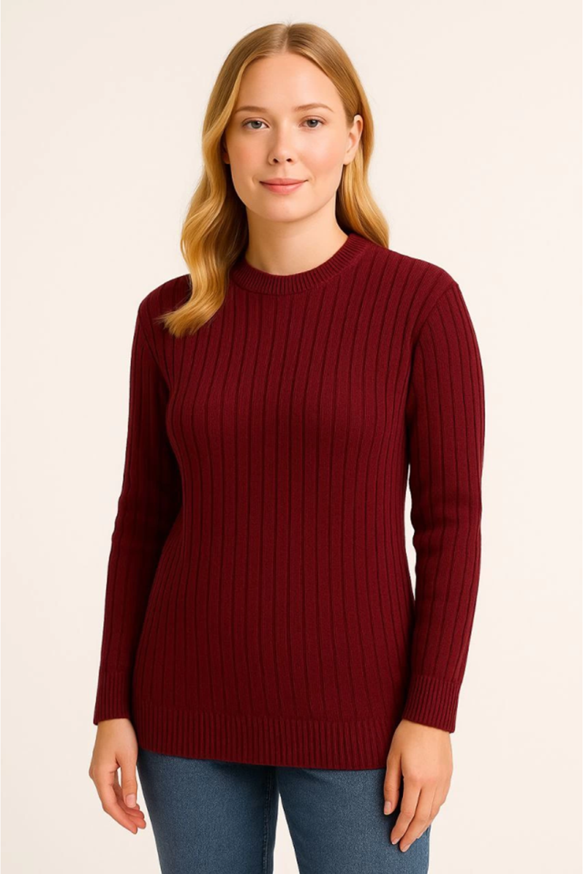 Bisiklet Yuvarlak Yaka Triko Kazak Pamuklu Kalın Fitilli Dokuma, Regular Fit Uzun Kollu Kışlık Model - Bordo