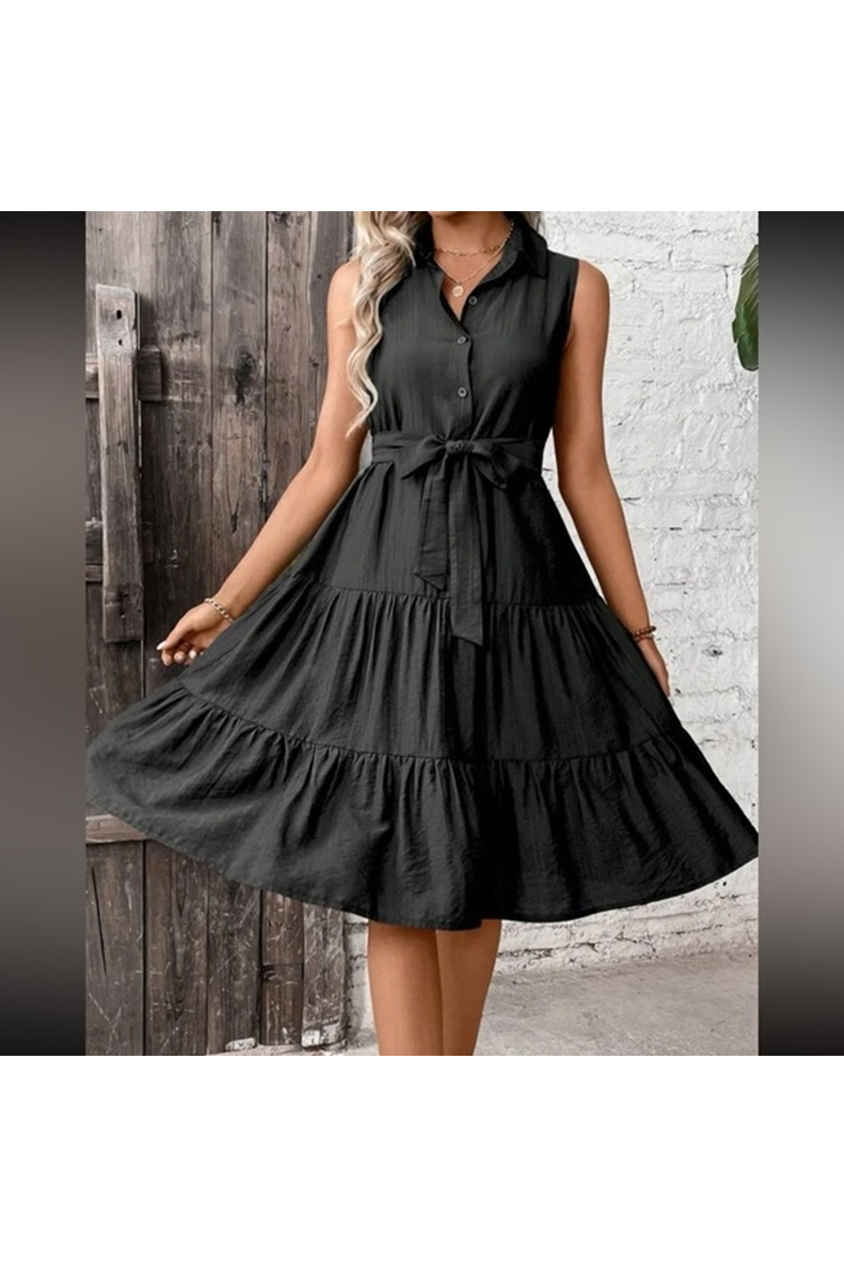 Kadın Kısa Kollu Gömlek Yaka Düğmeli Beli Kuşaklı Katlı Dokuma Midi Elbise