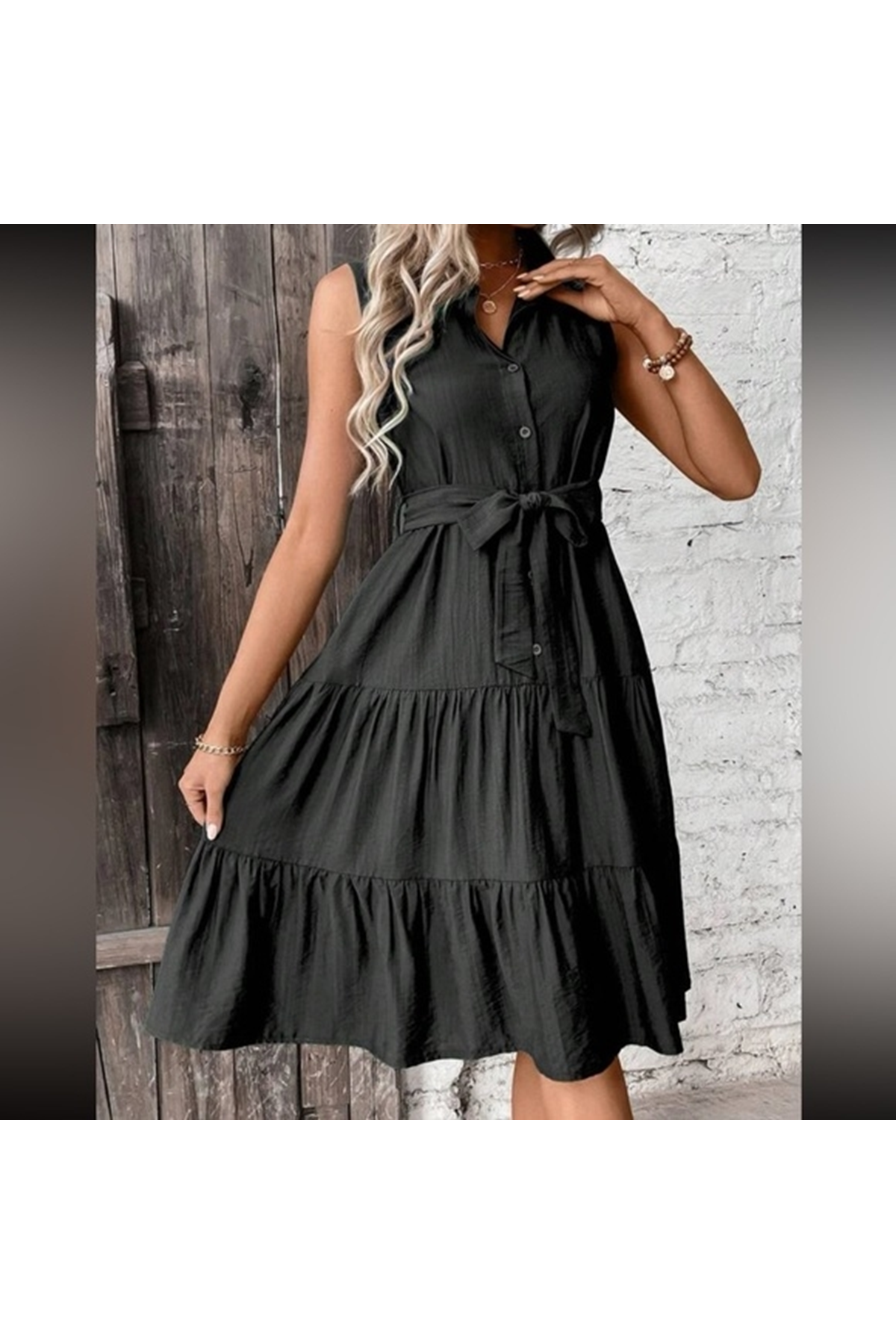 Kadın Kısa Kollu Gömlek Yaka Düğmeli Beli Kuşaklı Katlı Dokuma Midi Elbise