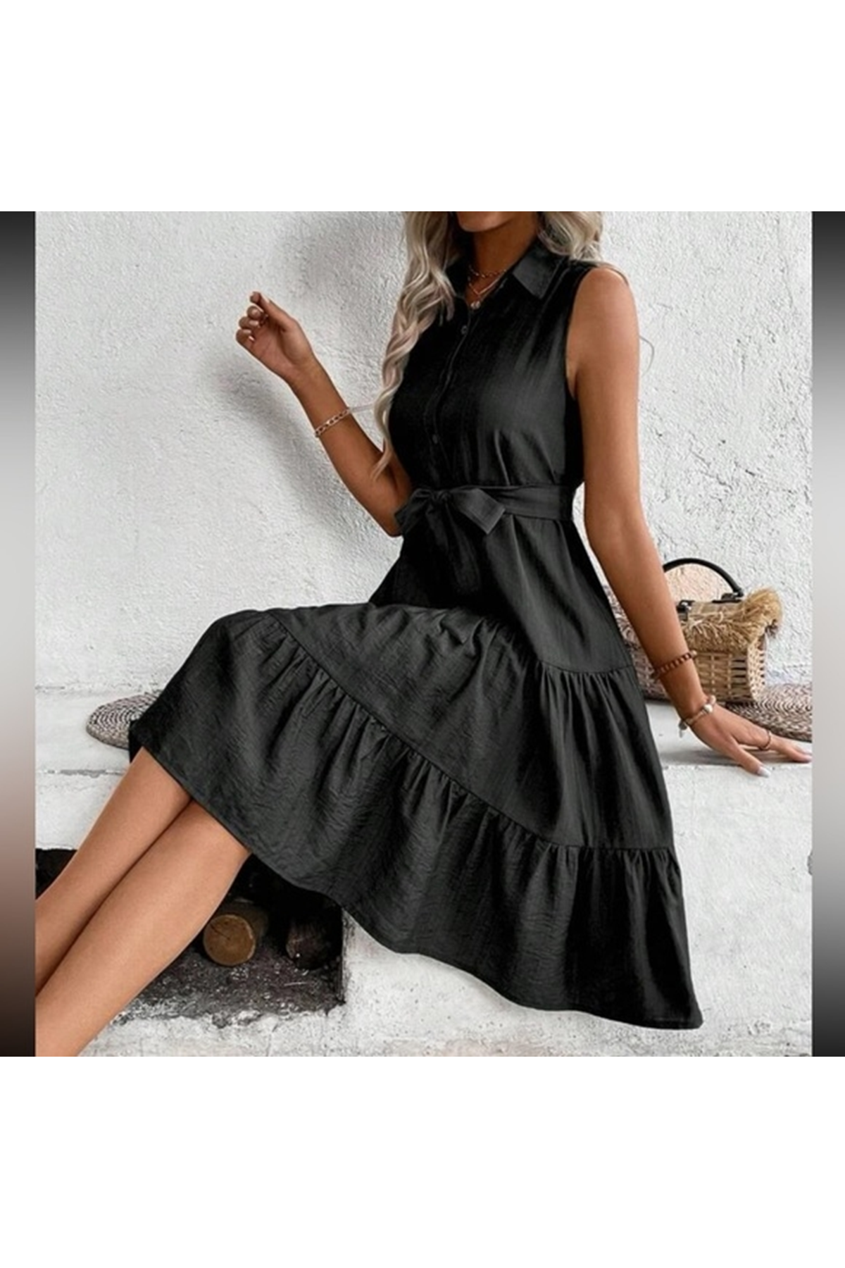 Kadın Kısa Kollu Gömlek Yaka Düğmeli Beli Kuşaklı Katlı Dokuma Midi Elbise