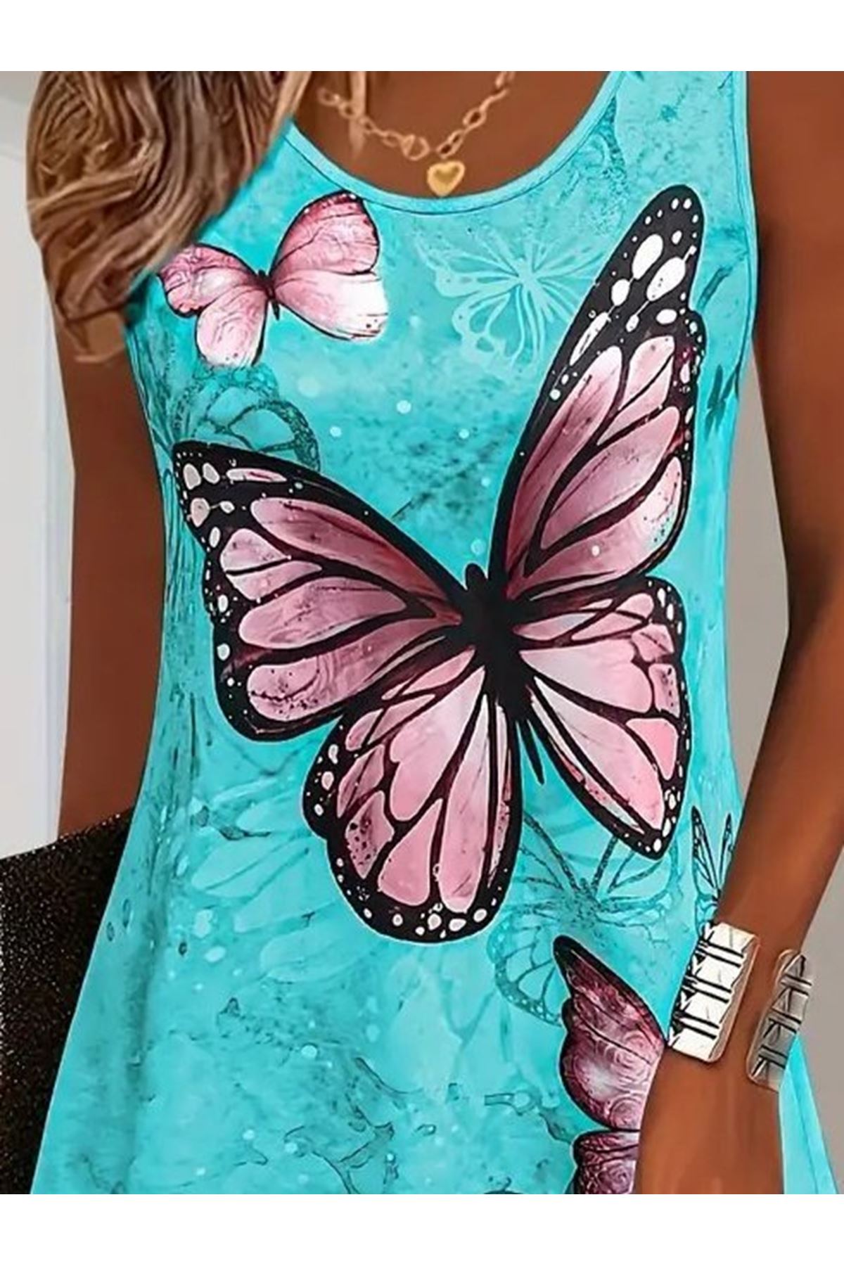 Kadın Askılı Yuvarlak Yaka Kelebek Desenli Süprem Elbise