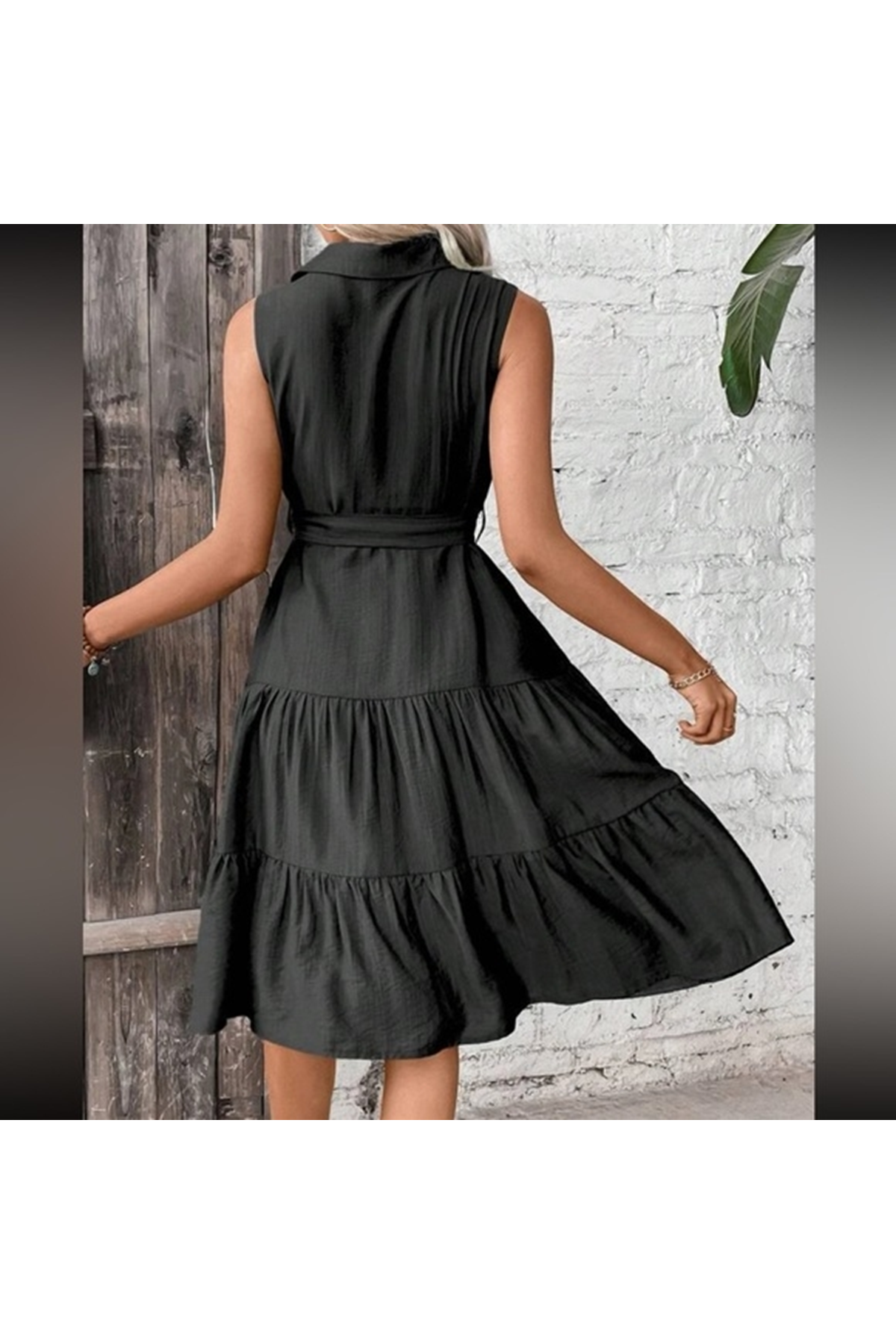 Kadın Kısa Kollu Gömlek Yaka Düğmeli Beli Kuşaklı Katlı Dokuma Midi Elbise