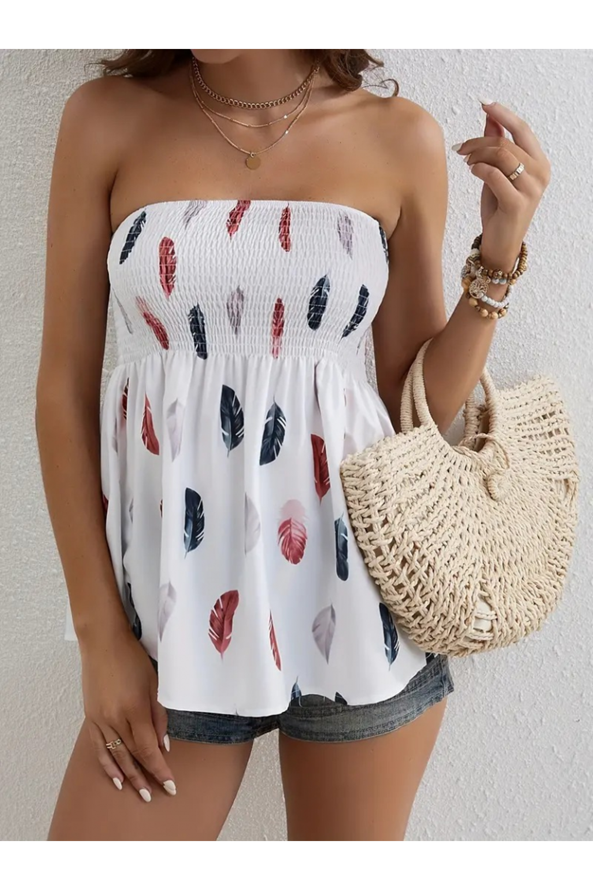 Kadın Yaprak Desenli Göğsü Gipeli Mosskrep Straplez Bluz